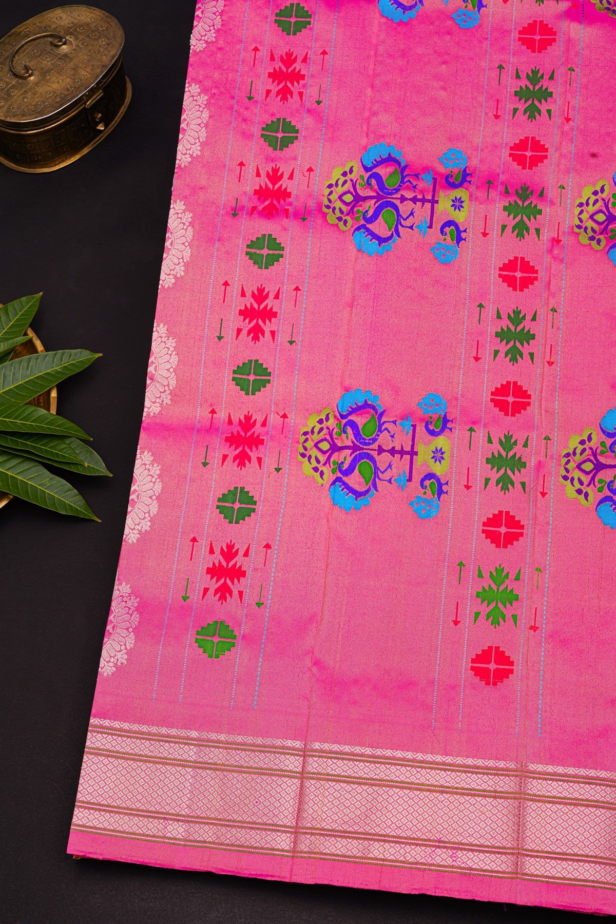 Gadwal Silk Baby Pink Saree With Muniya Buttis Body