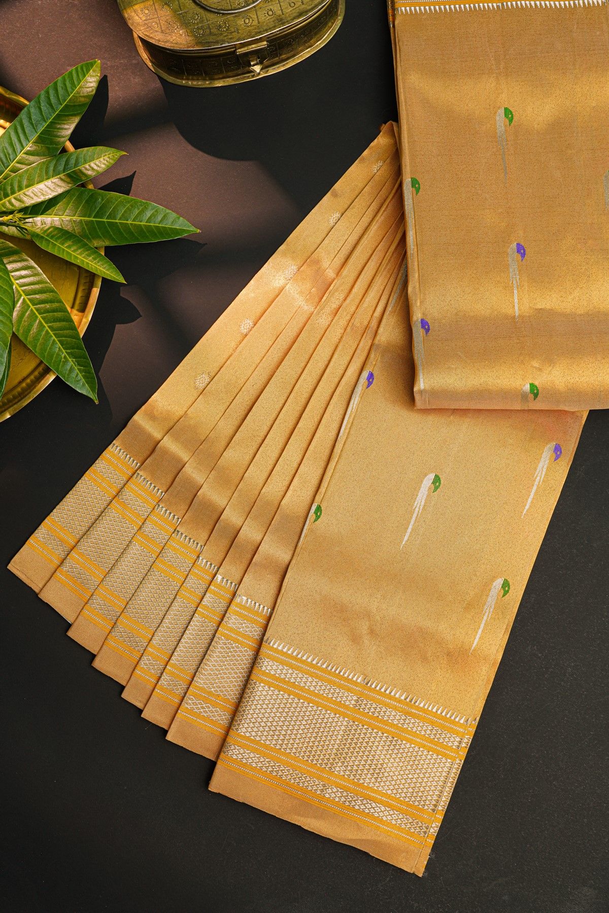 Gadwal Silk Beige Saree With Muniya Buttis Body