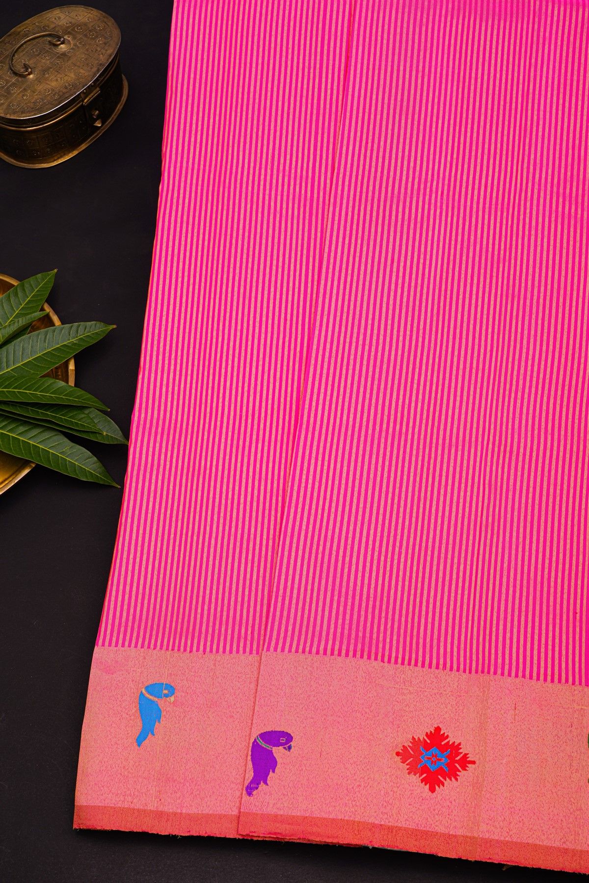 Gadwal Silk Pink Saree With Parrots And Floral Zari Border