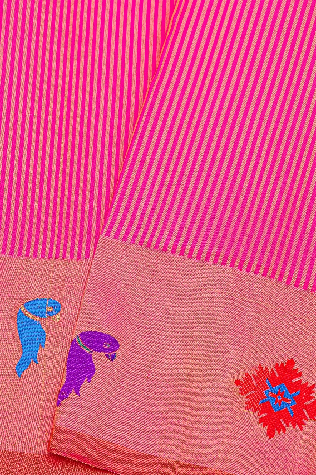 Gadwal Silk Pink Saree With Parrots And Floral Zari Border