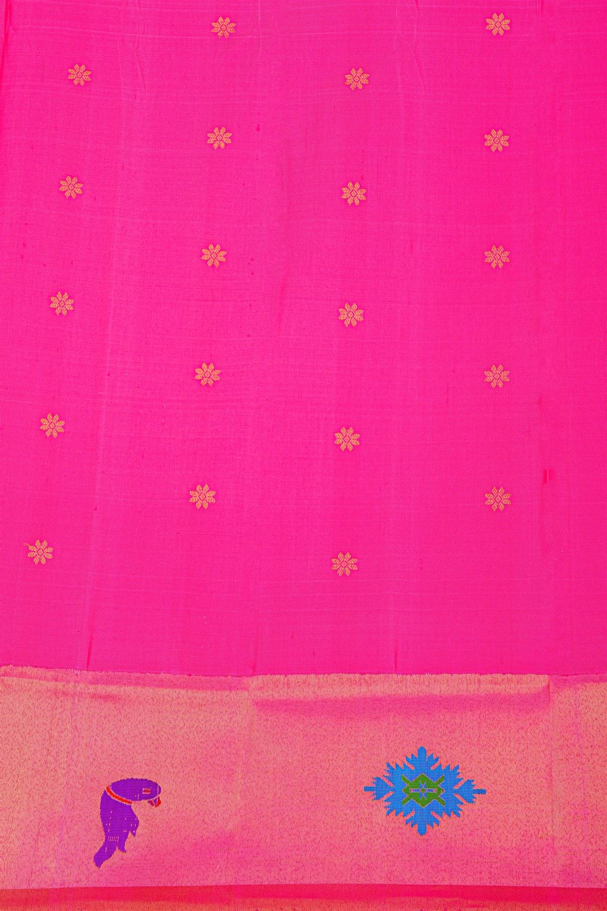 Gadwal Silk Pink Saree With Parrots And Floral Zari Border