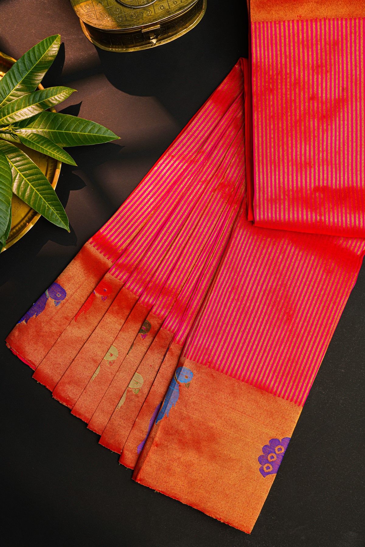 Gadwal Silk Reddish Pink Saree With Peacocks And Parrot Zari Border