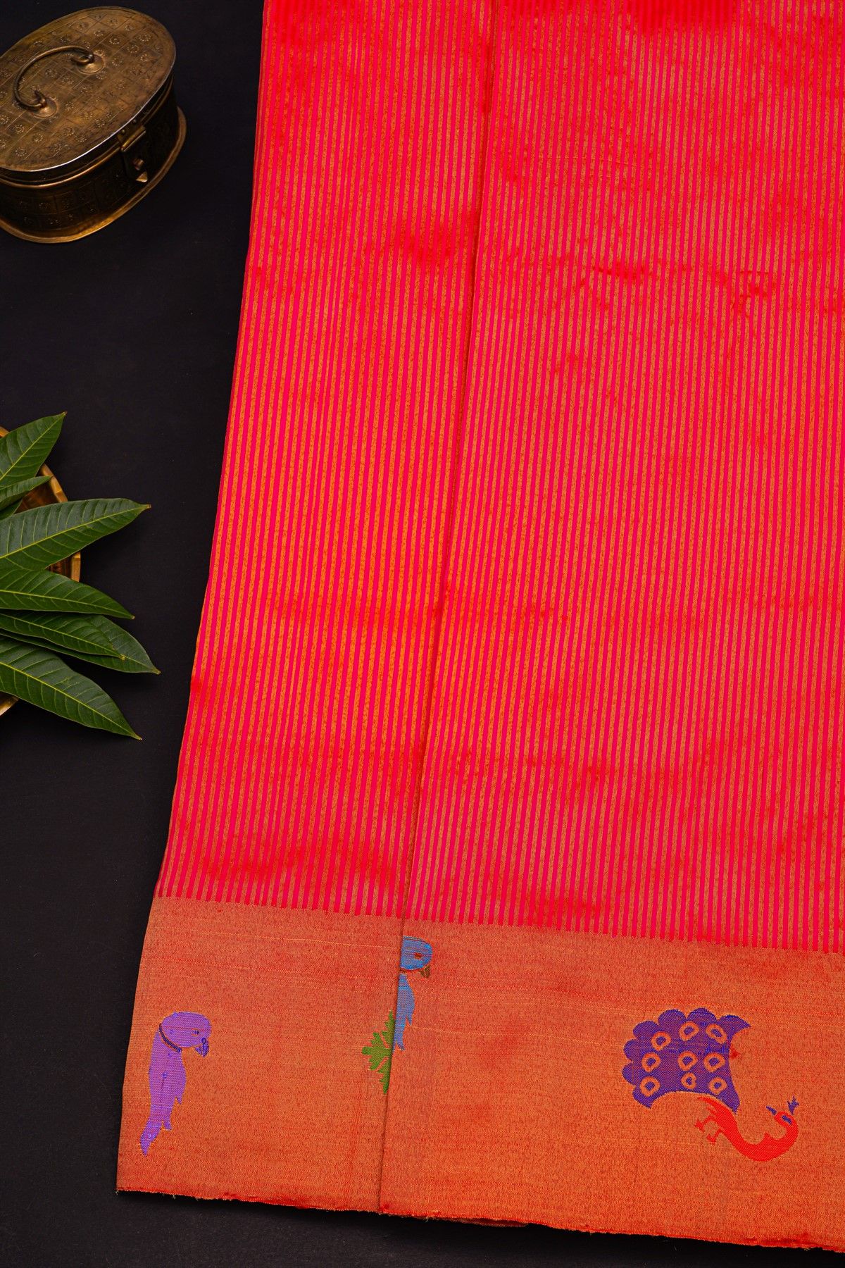 Gadwal Silk Reddish Pink Saree With Peacocks And Parrot Zari Border