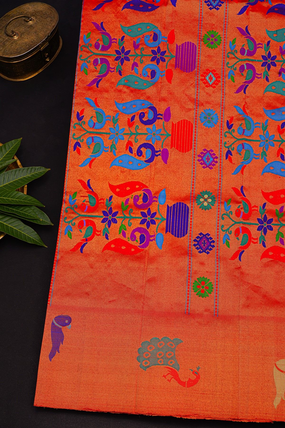Gadwal Silk Reddish Pink Saree With Peacocks And Parrot Zari Border