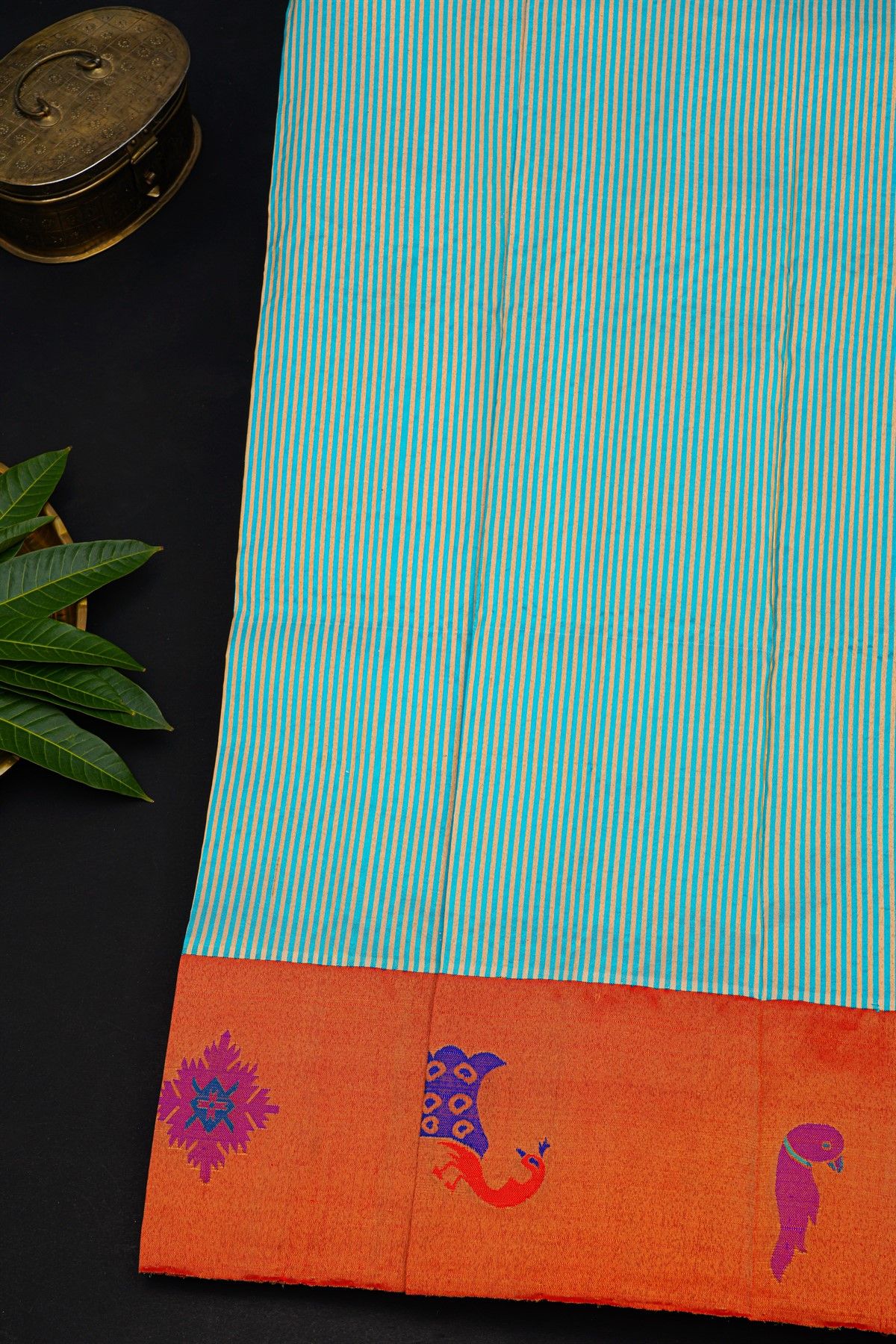 Gadwal Silk Sky Blue Saree With Peacock And Parrot Border