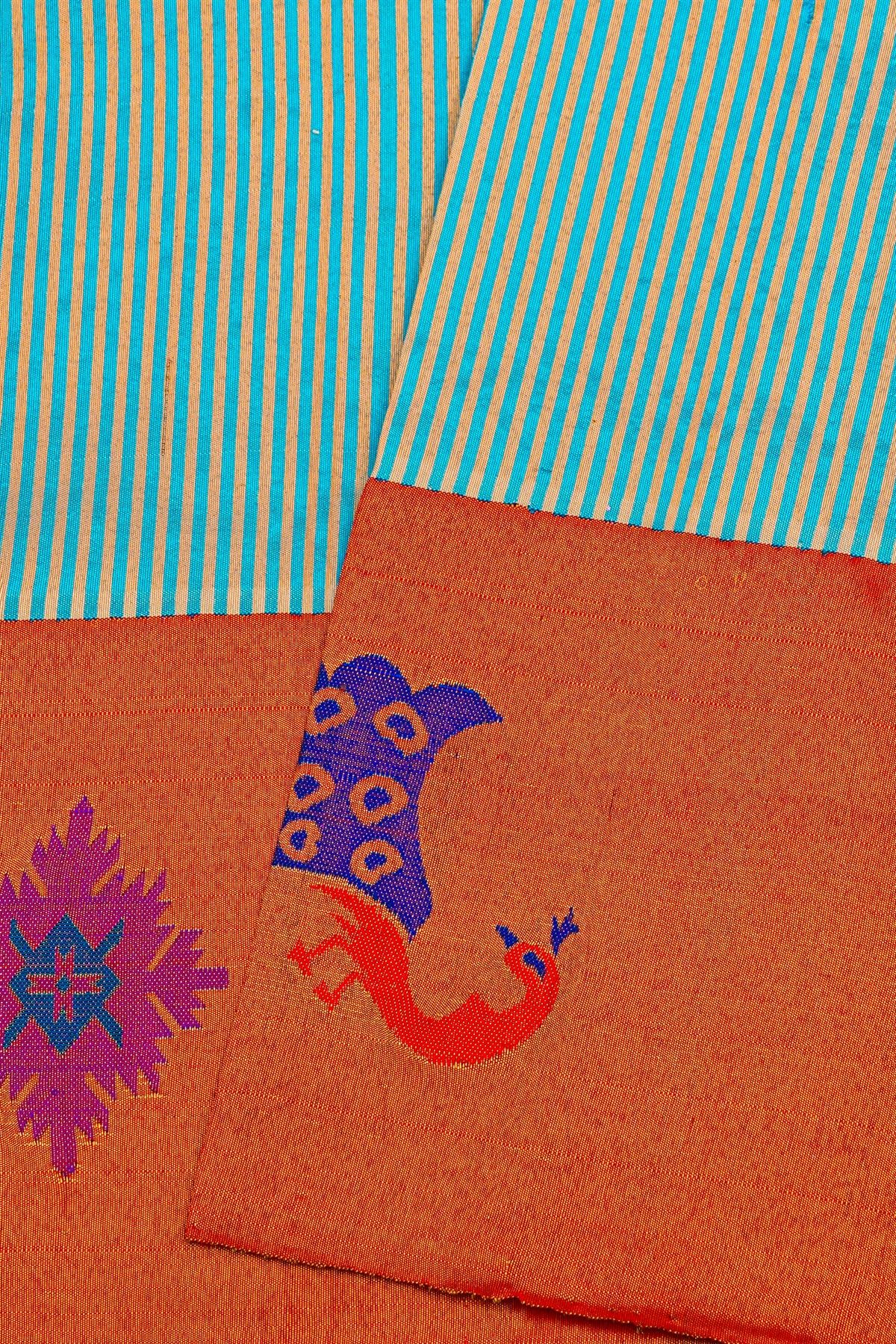 Gadwal Silk Sky Blue Saree With Peacock And Parrot Border