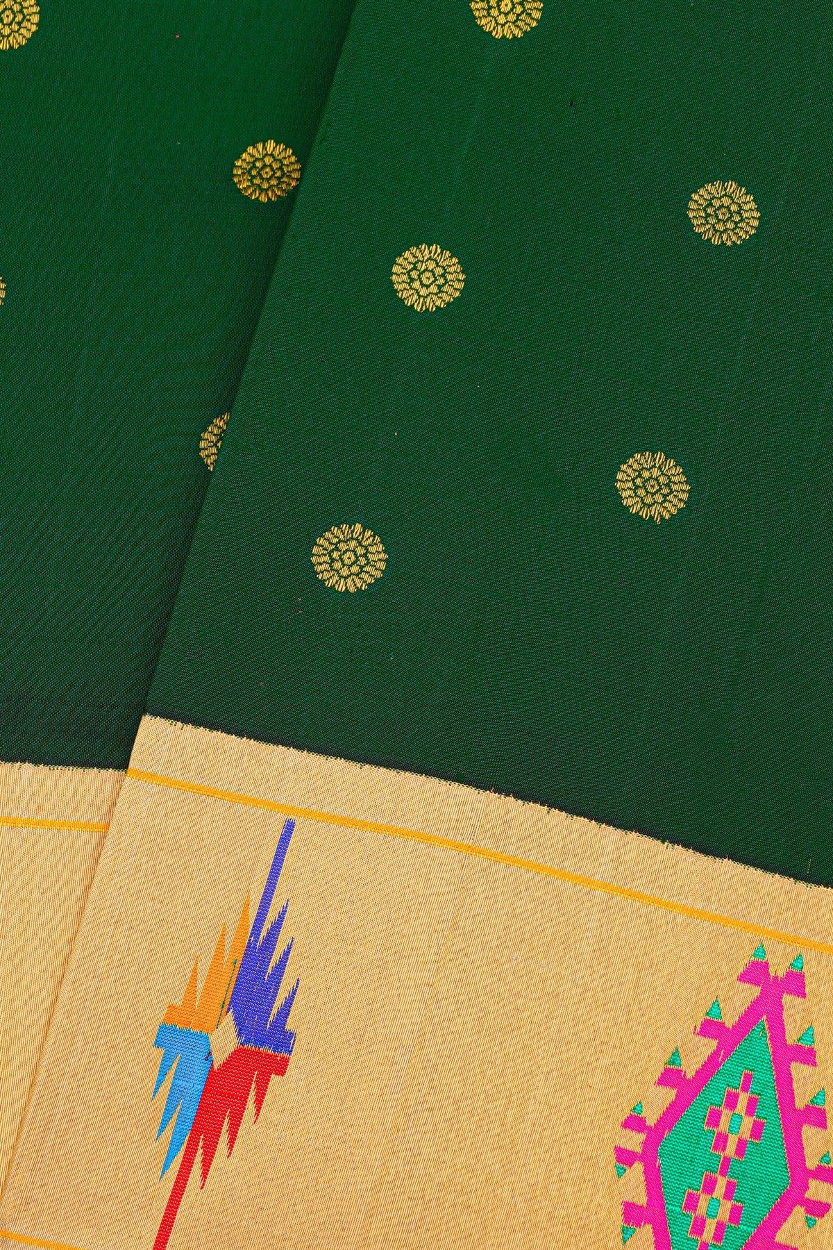 Gadwal Silk Bottle Green Saree With Floral And Muniya Paithani Pallu