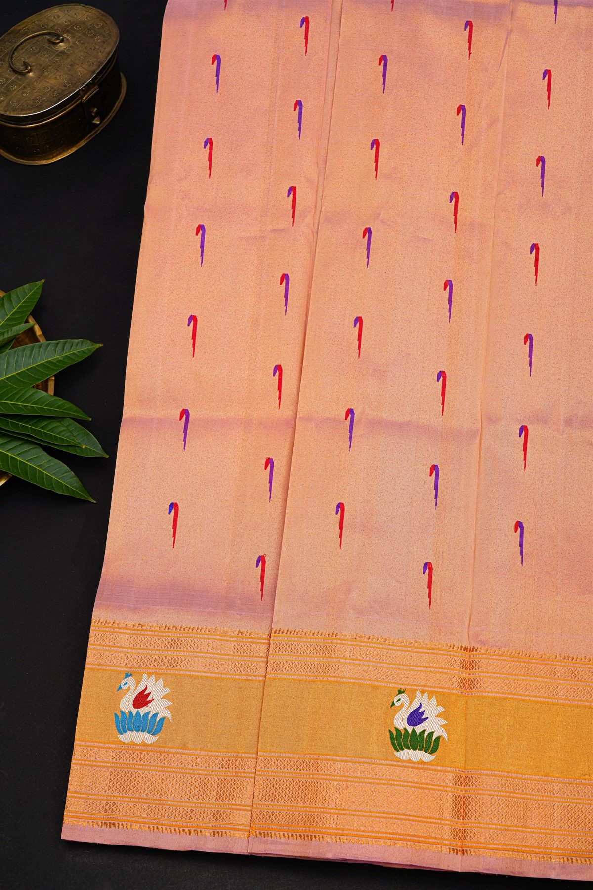 Gadwal Silk Peach Saree With Floral And Swan Border