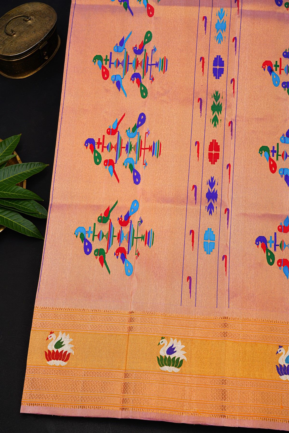 Gadwal Silk Peach Saree With Floral And Swan Border