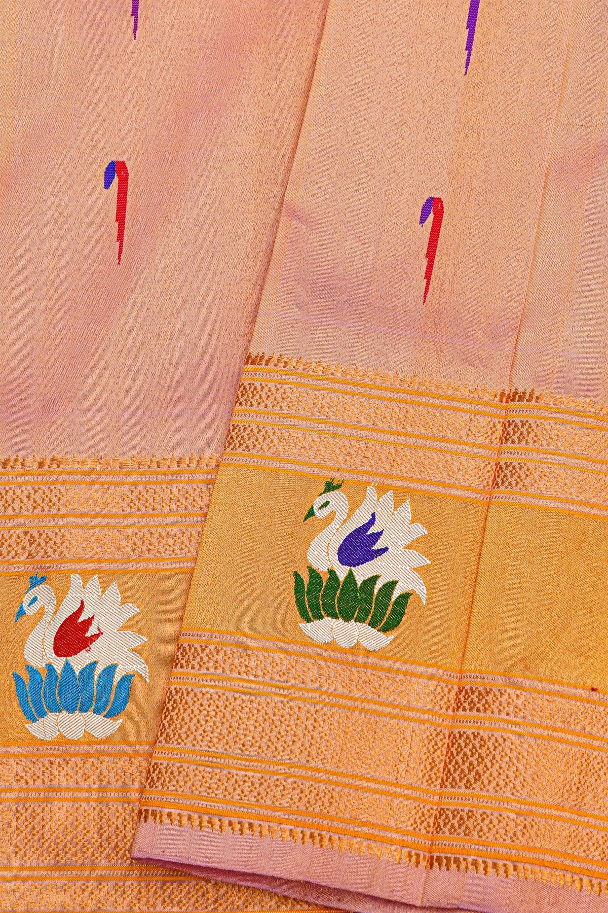 Gadwal Silk Peach Saree With Floral And Swan Border