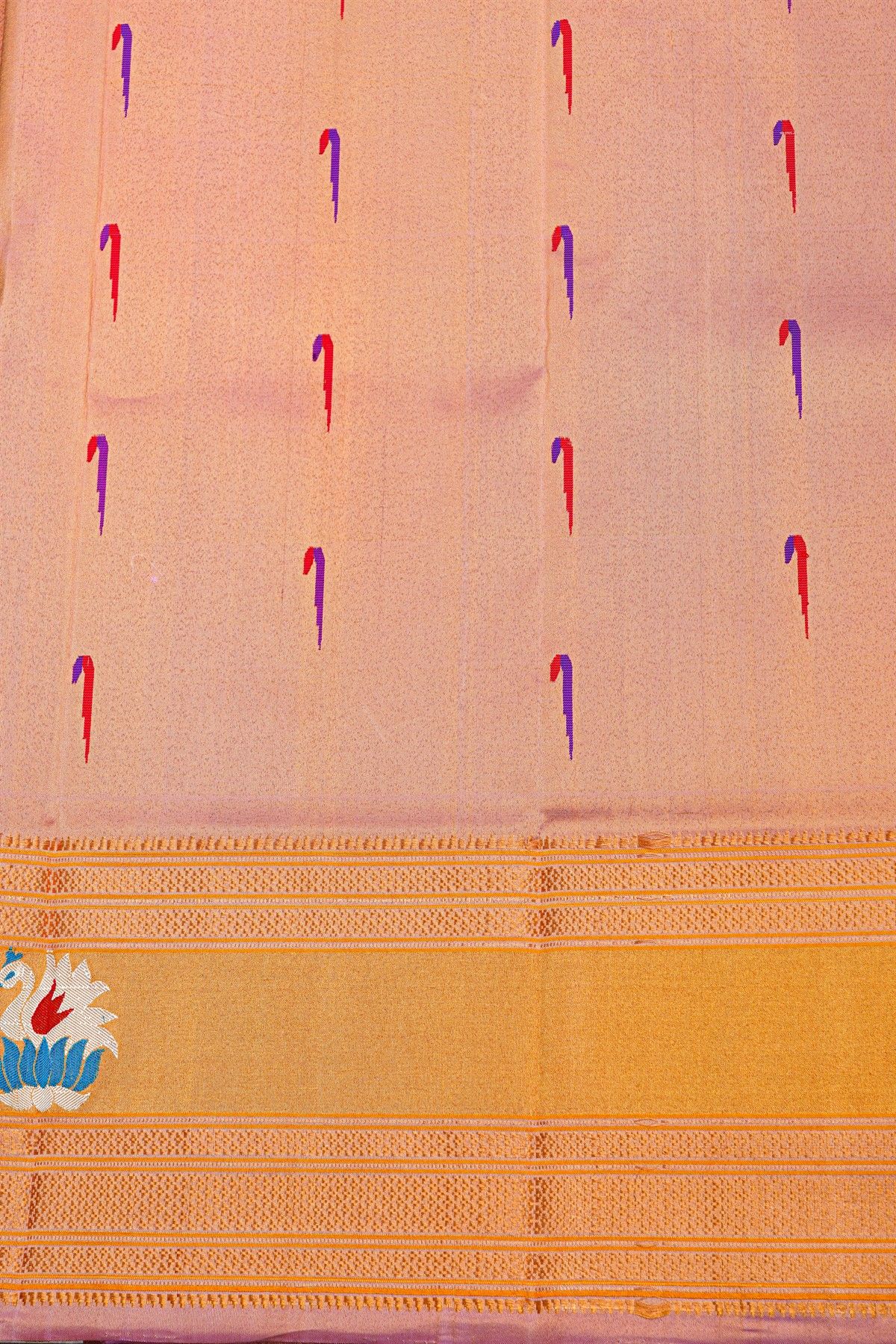 Gadwal Silk Peach Saree With Floral And Swan Border