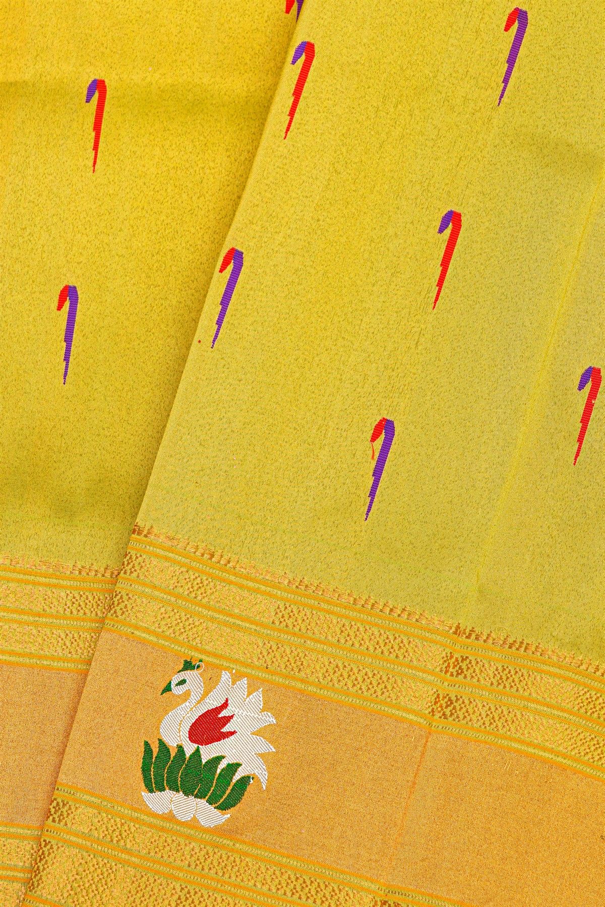 Gadwal Silk Lime Yellow Saree With Muniya Buttis Body And Swan Border