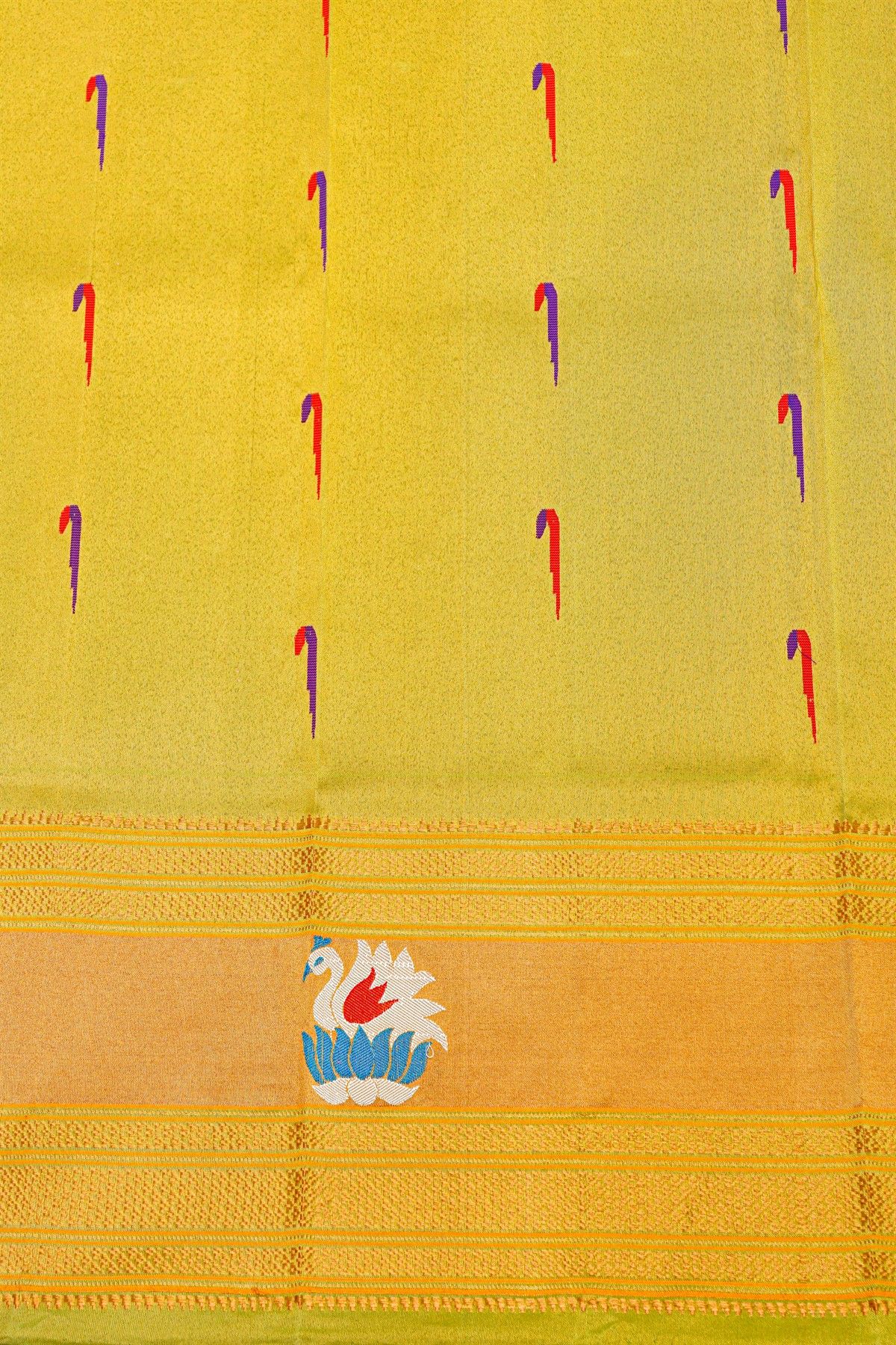 Gadwal Silk Lime Yellow Saree With Muniya Buttis Body And Swan Border