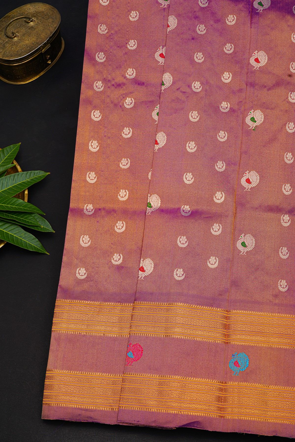 Gadwal Silk Purple Saree With Floral And Peacock Zari Body