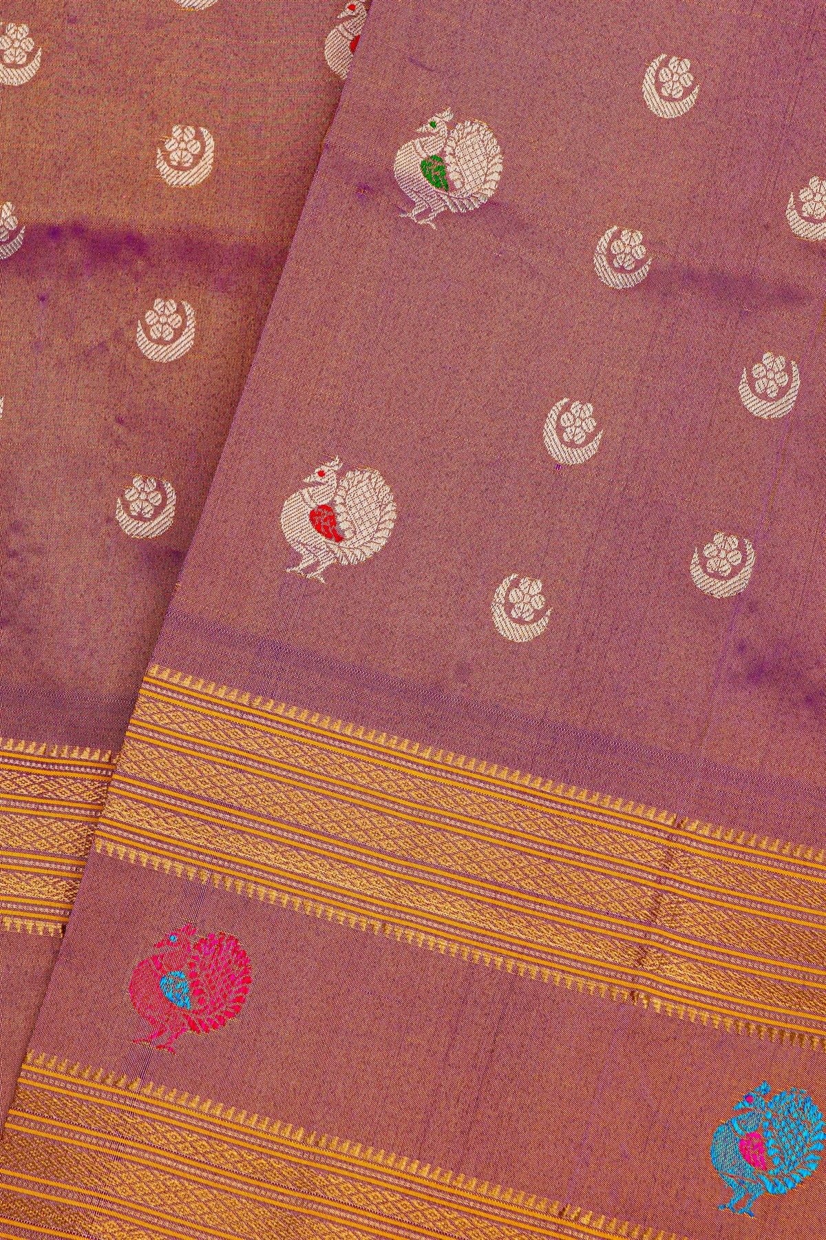 Gadwal Silk Purple Saree With Floral And Peacock Zari Body