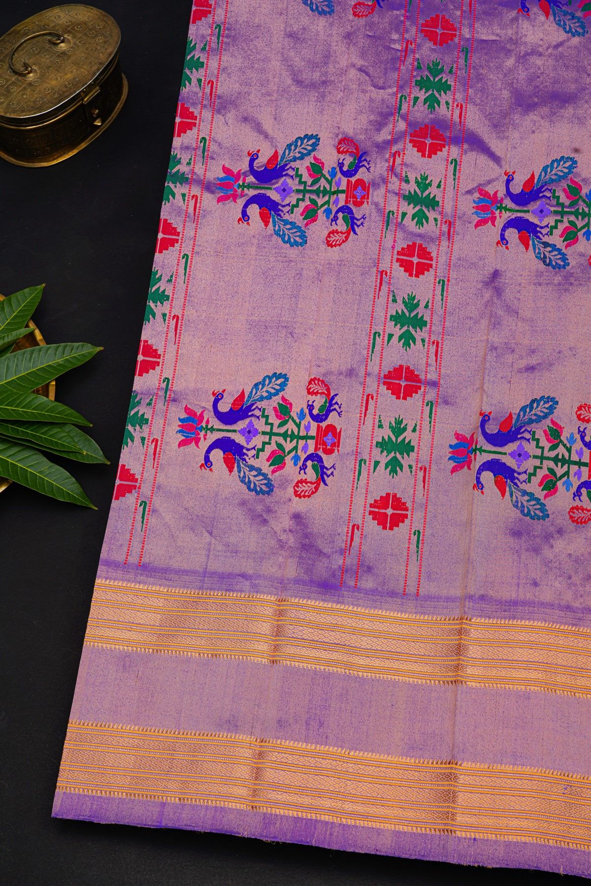 Gadwal Silk Lavender Saree With Floral And Peacock Zari Body