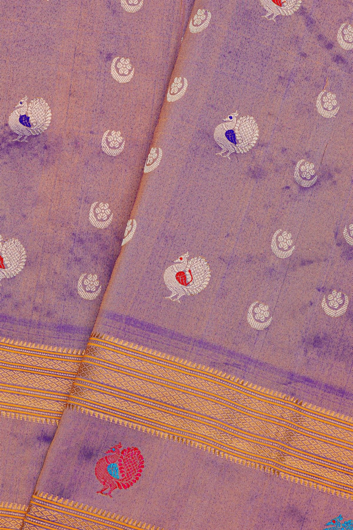 Gadwal Silk Lavender Saree With Floral And Peacock Zari Body