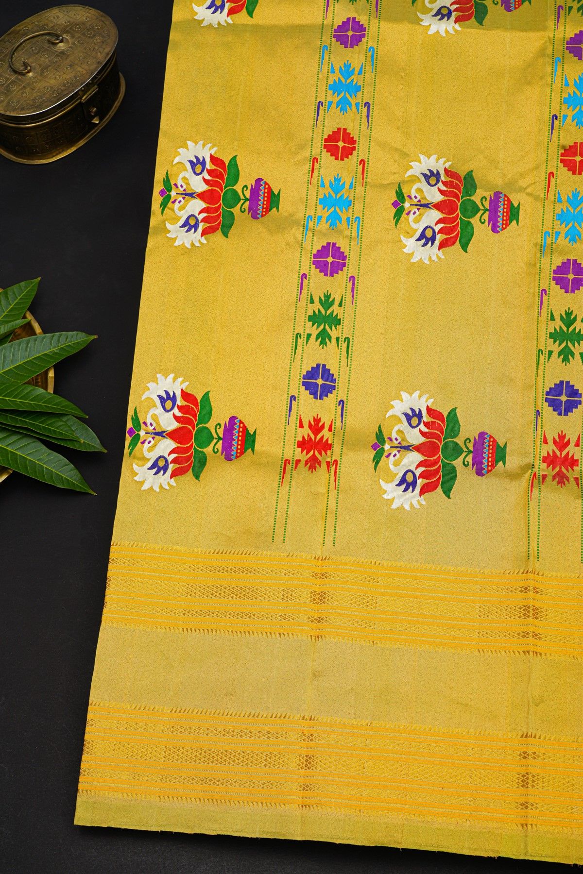 Gadwal Silk Gold Yellow Saree With Floral And Diamond Border