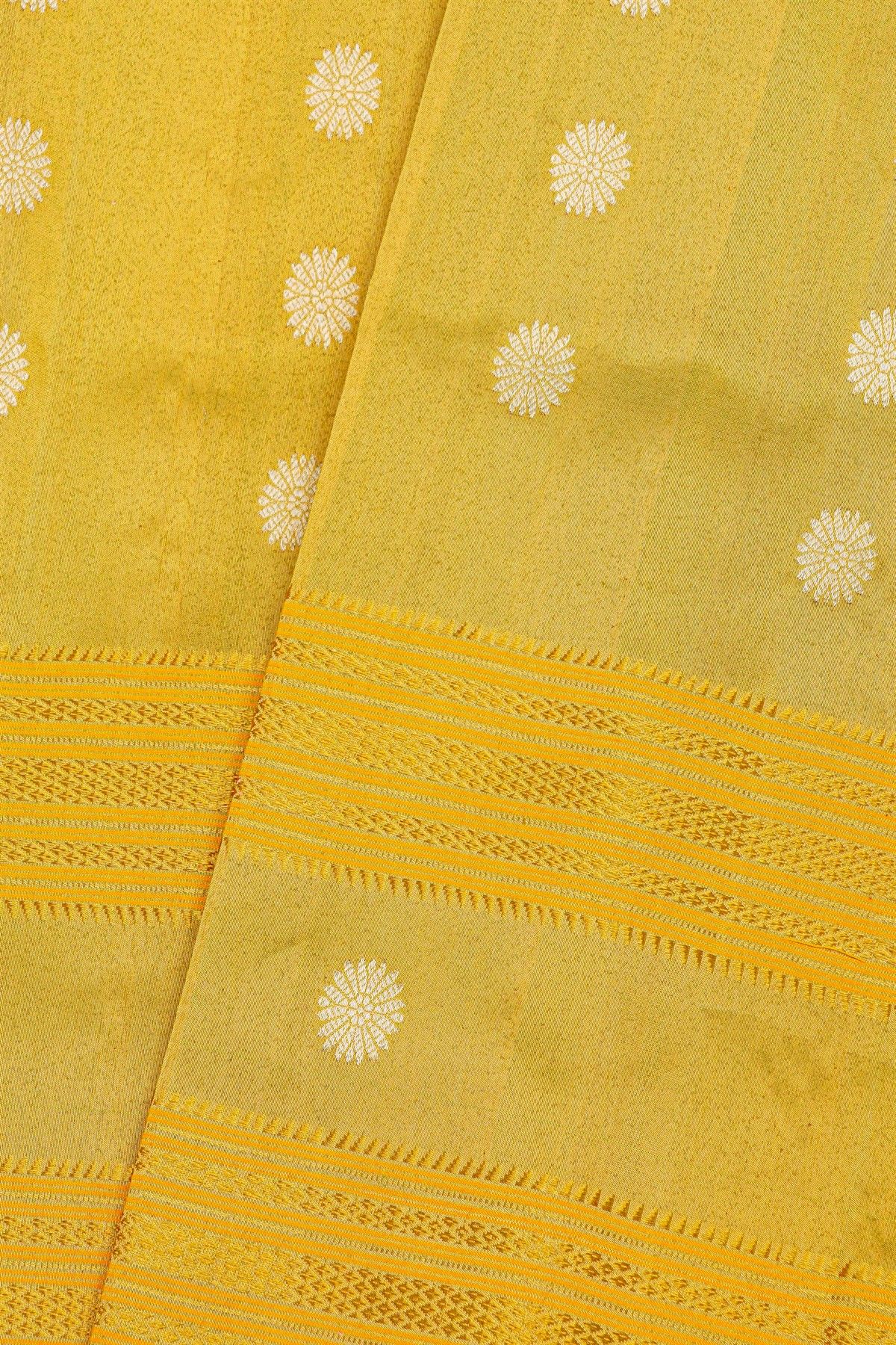 Gadwal Silk Gold Yellow Saree With Floral And Diamond Border