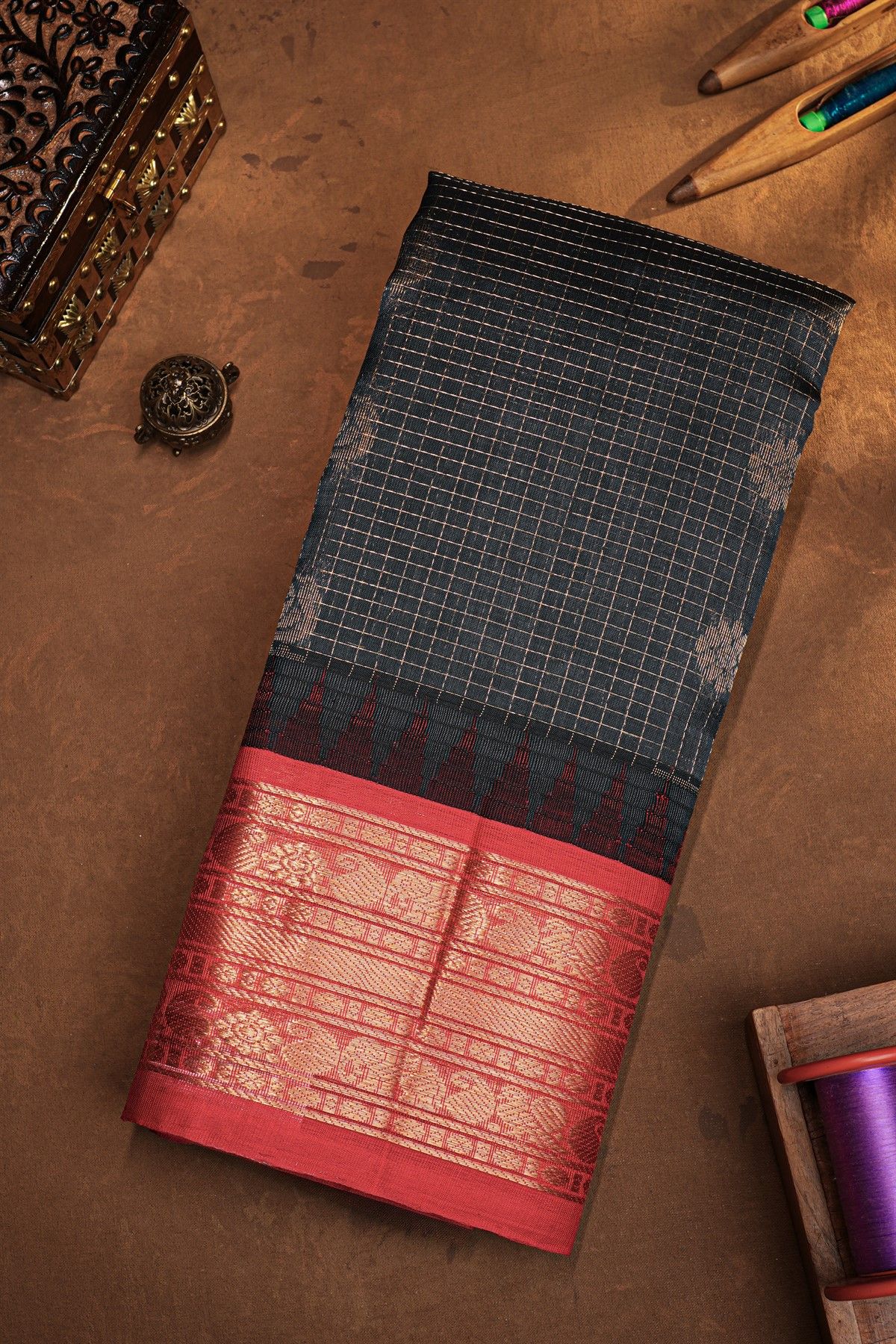 Kuppadam Sico Dark Grey Saree With Florals And Peacock Buttis Body