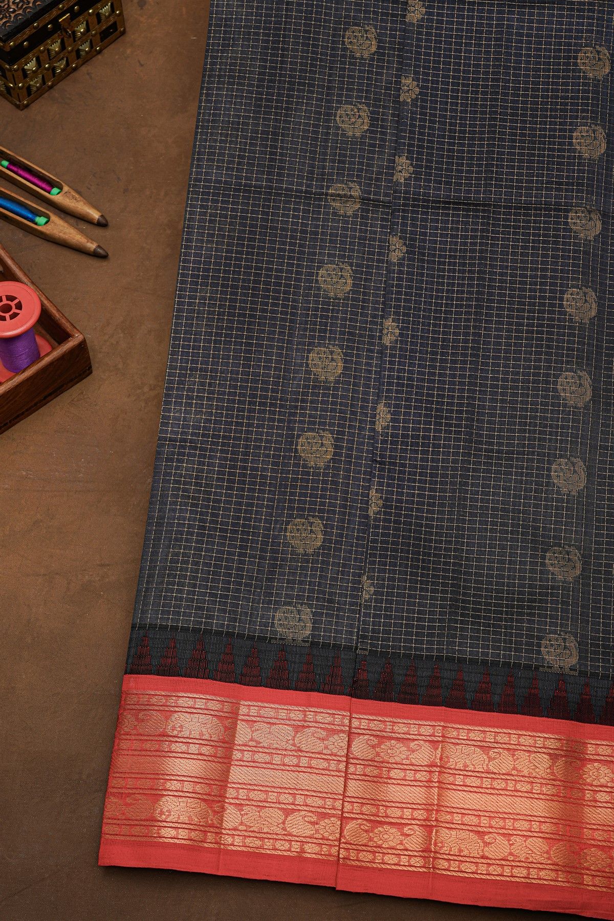 Kuppadam Sico Dark Grey Saree With Florals And Peacock Buttis Body