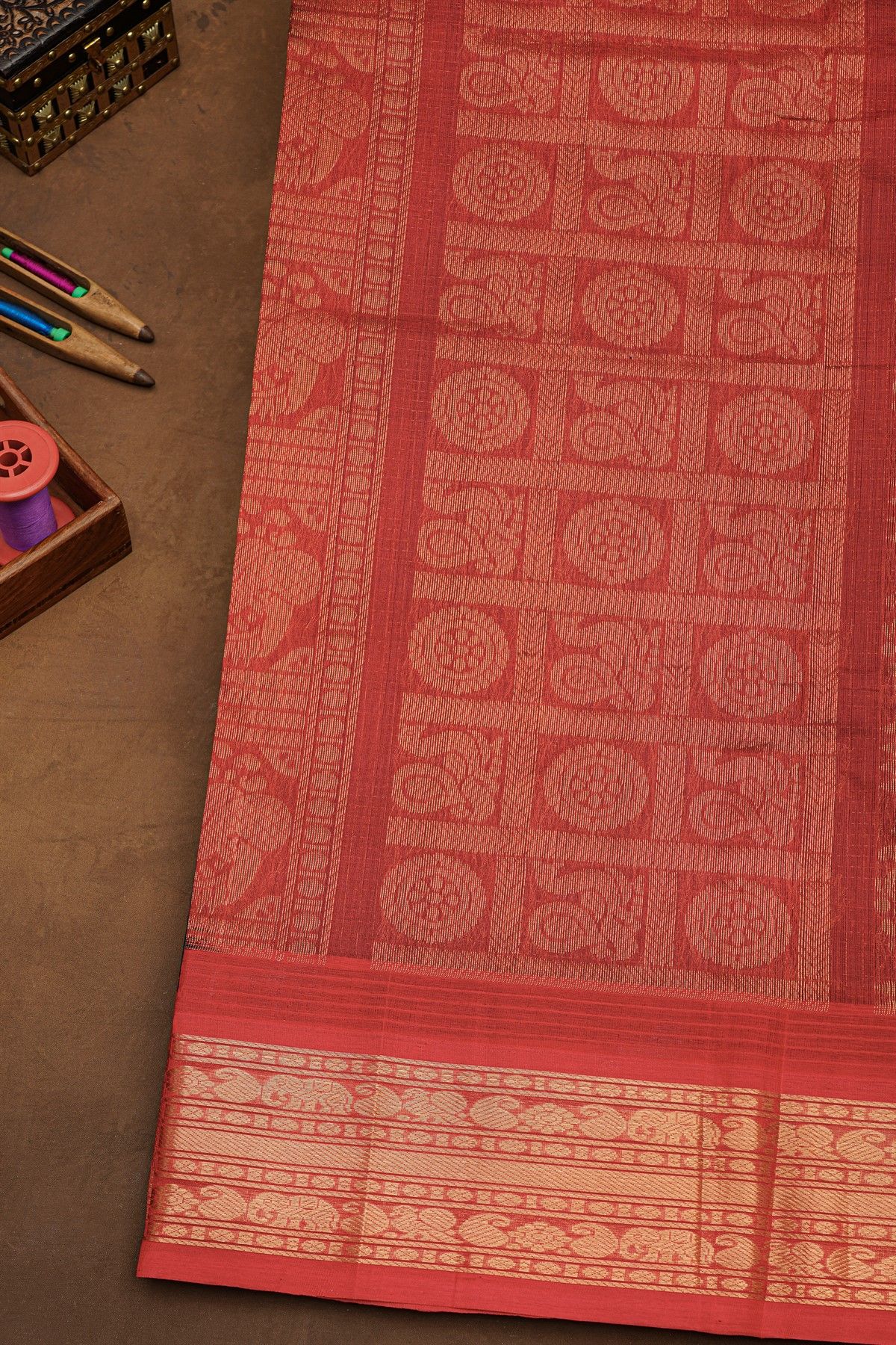 Kuppadam Sico Dark Grey Saree With Florals And Peacock Buttis Body