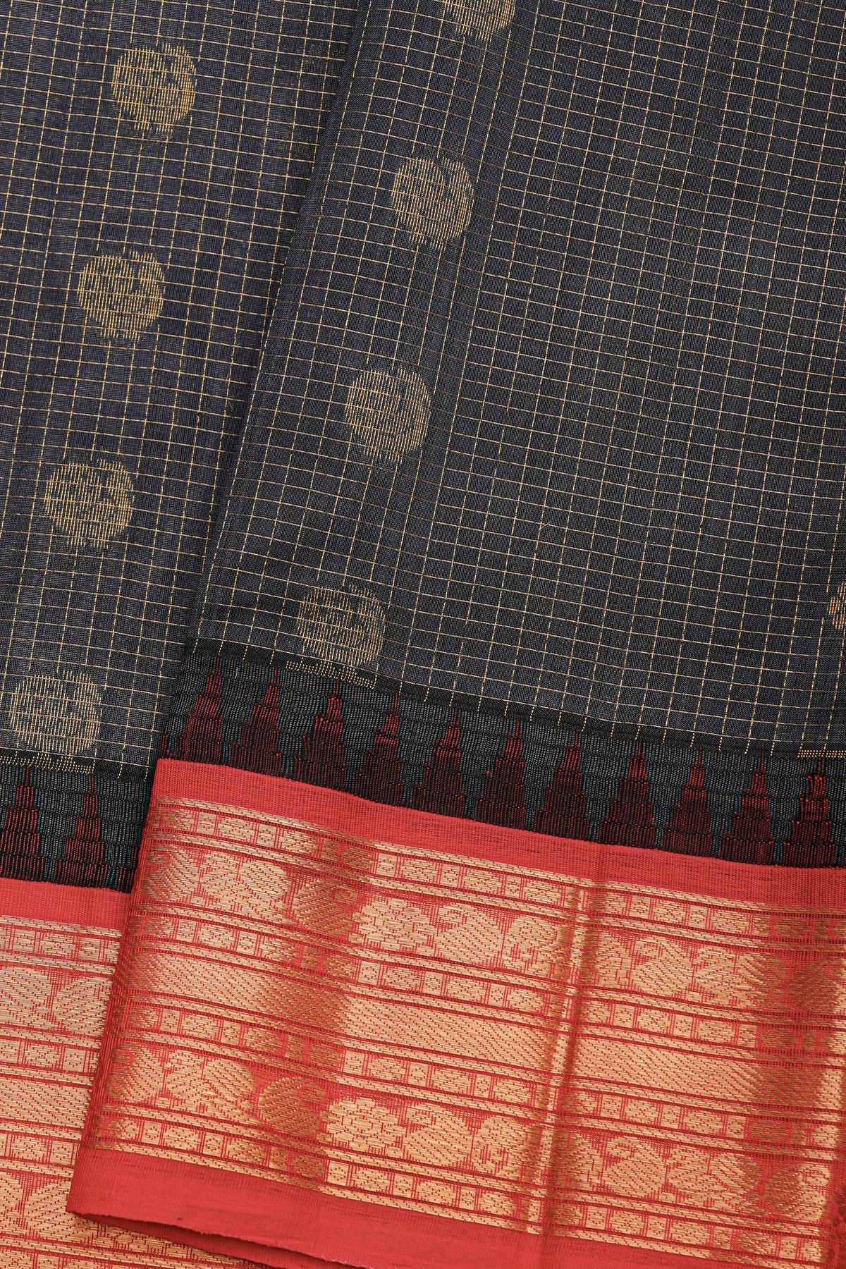 Kuppadam Sico Dark Grey Saree With Florals And Peacock Buttis Body