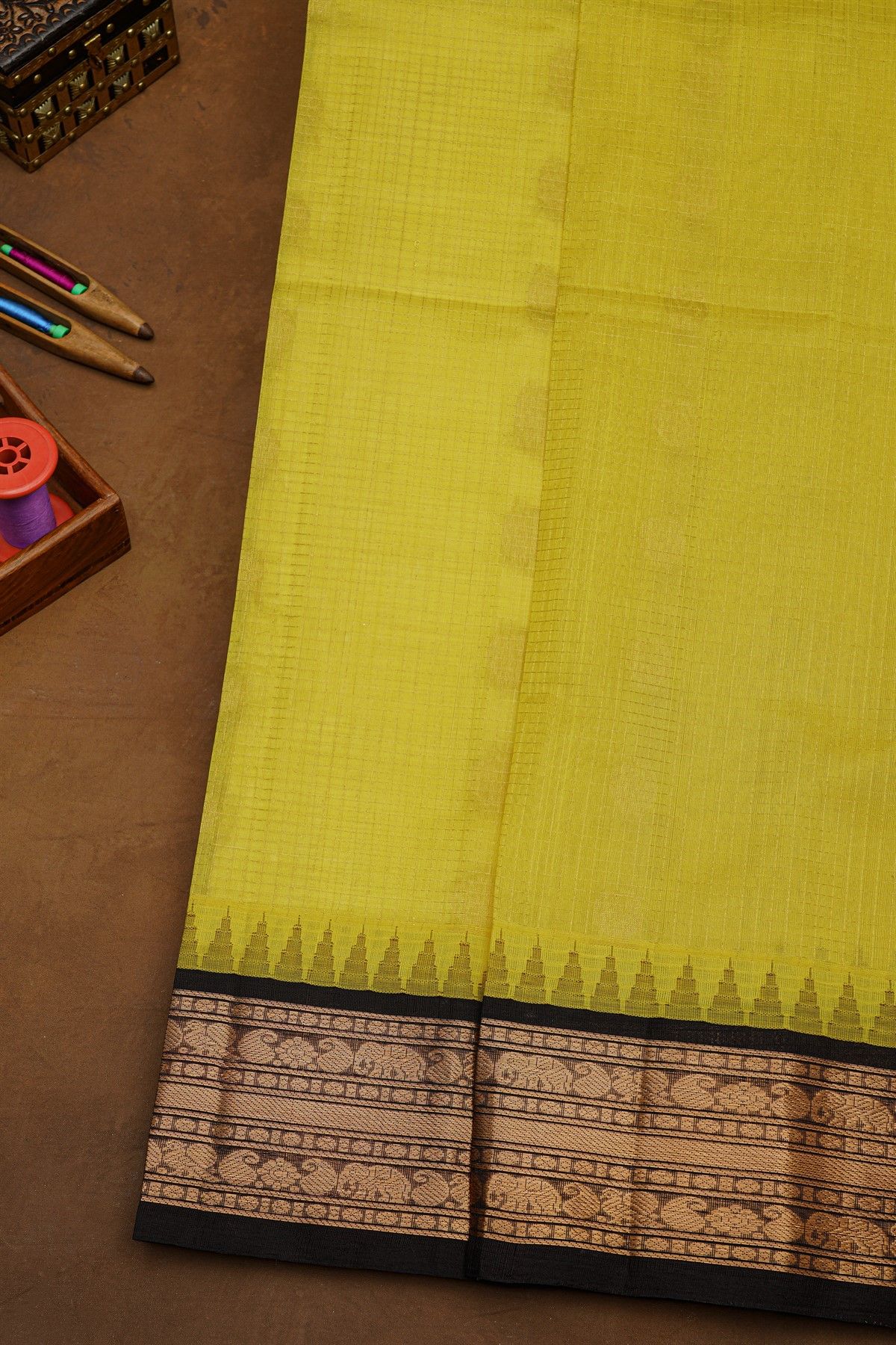 Kuppadam Sico Lime Yellow Saree With Florals And Peacock Buttis In Checks Body