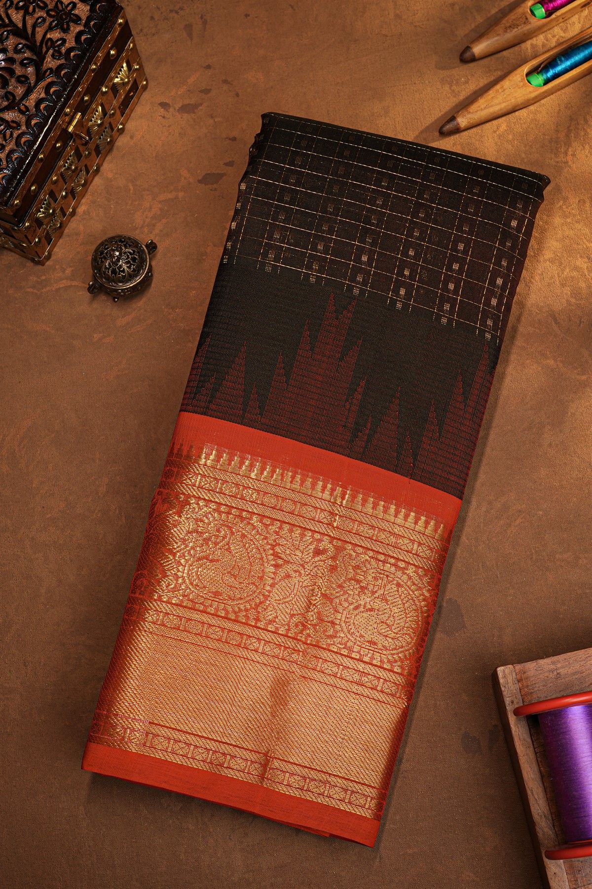 Kuppadam Sico Dark Brown Saree With Peacocks And Elephants Buttis Border