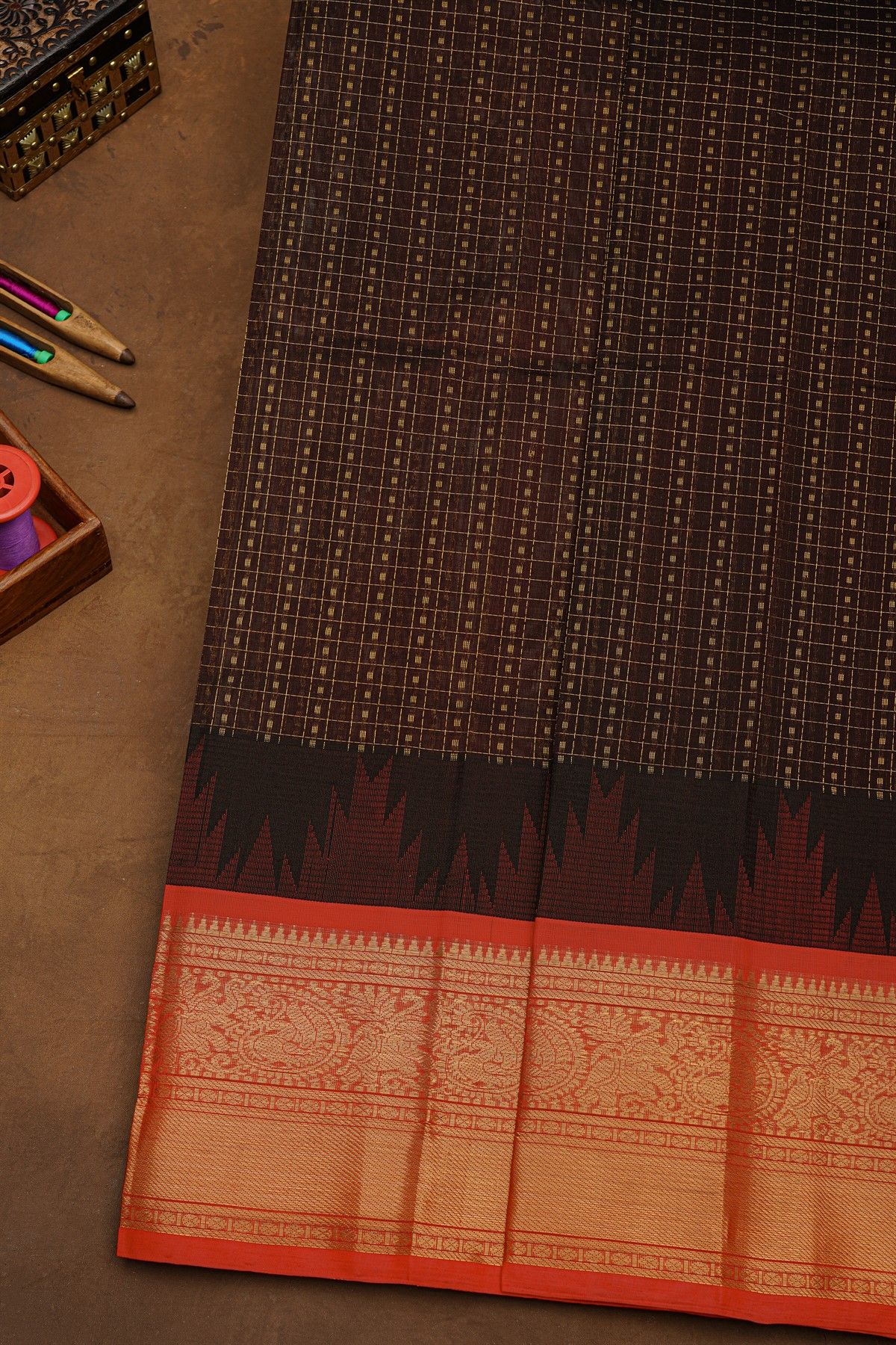 Kuppadam Sico Dark Brown Saree With Peacocks And Elephants Buttis Border