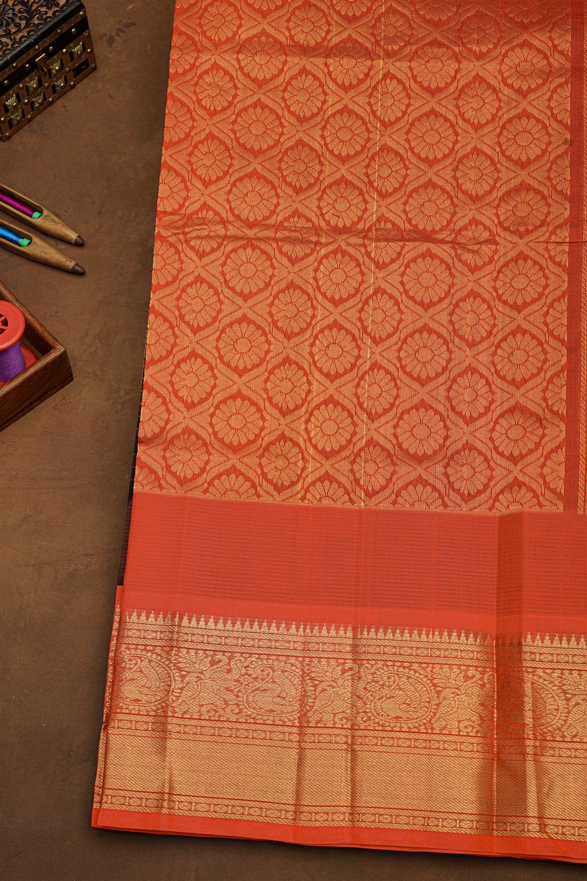 Kuppadam Sico Dark Brown Saree With Peacocks And Elephants Buttis Border