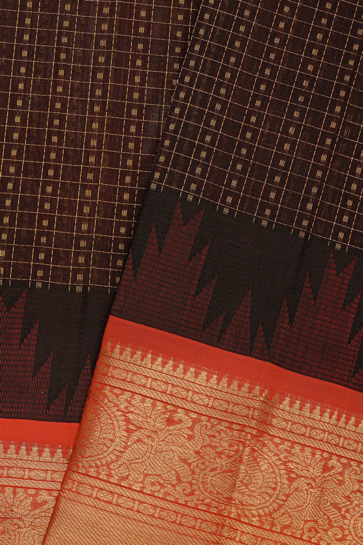 Kuppadam Sico Dark Brown Saree With Peacocks And Elephants Buttis Border