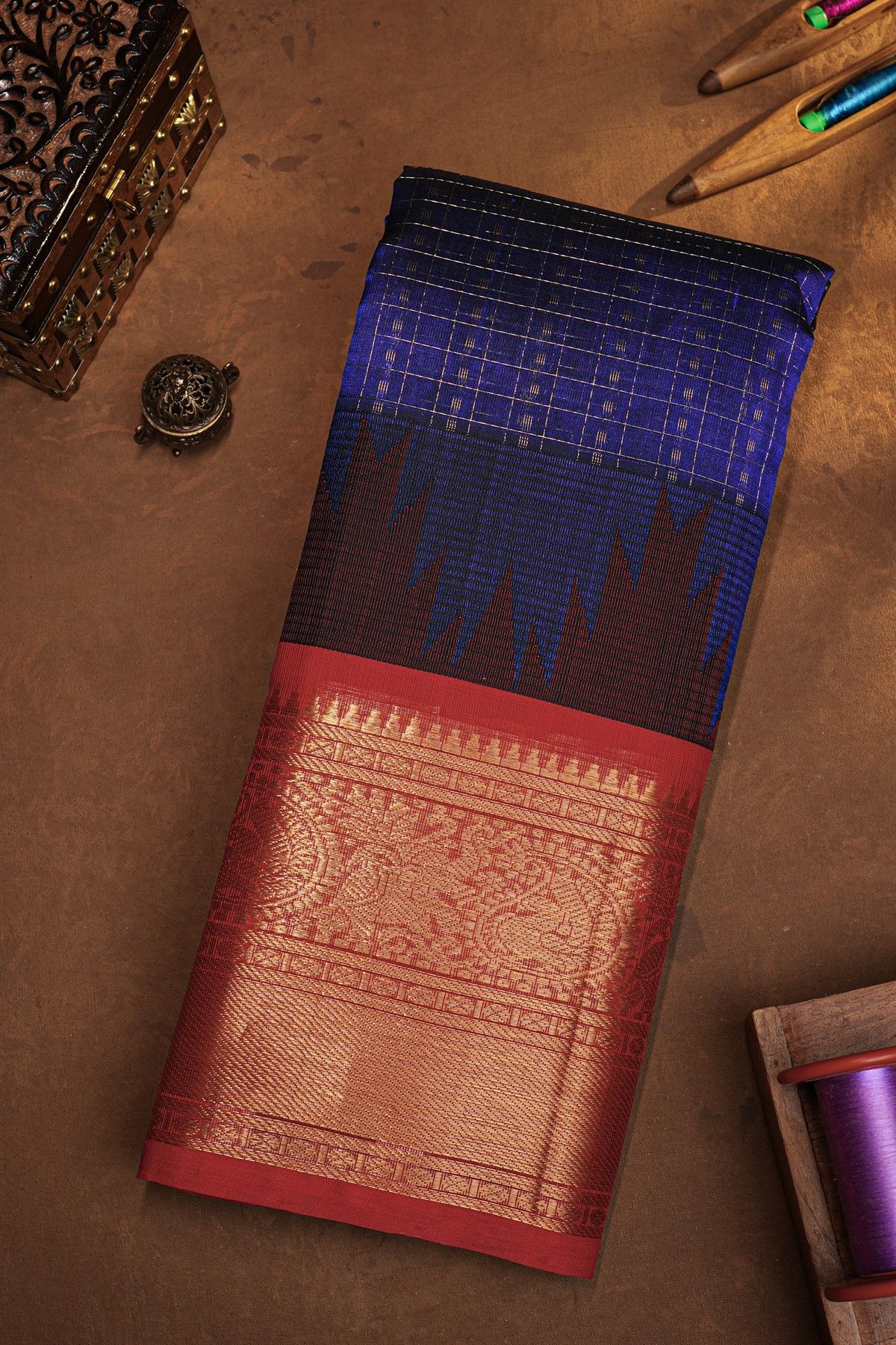 Kuppadam Sico Royal Blue Saree With Peacocks And Elephants Buttis Border