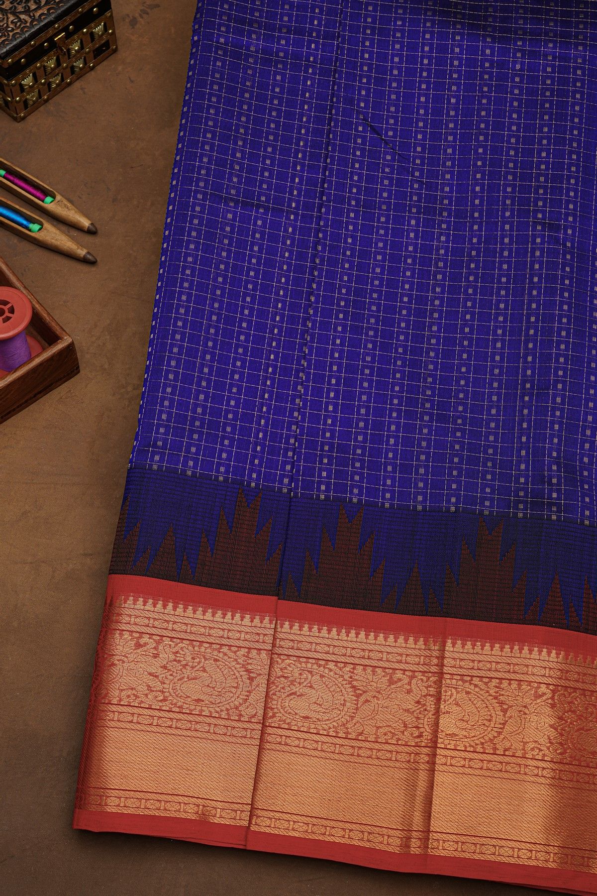 Kuppadam Sico Royal Blue Saree With Peacocks And Elephants Buttis Border