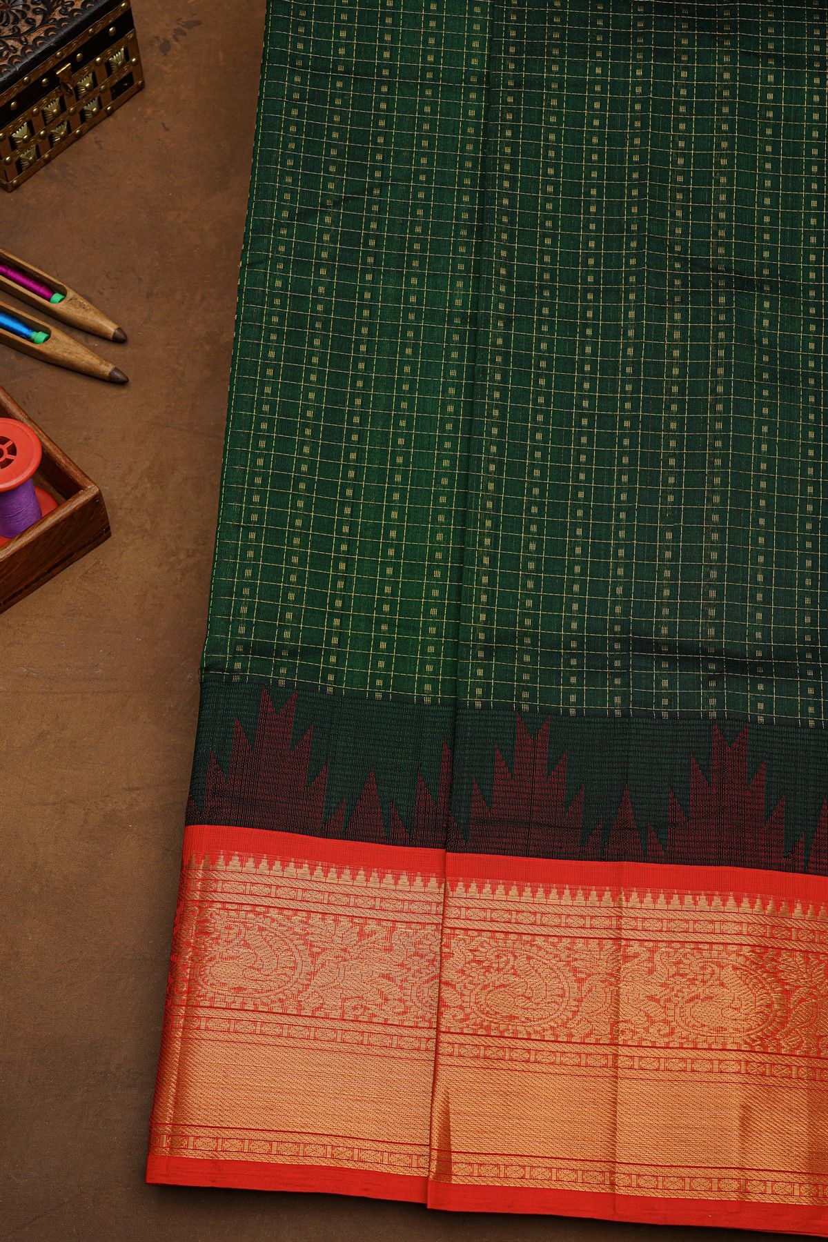 Kuppadam Sico Bottle Green Saree With Peacocks And Elephants Buttis Border
