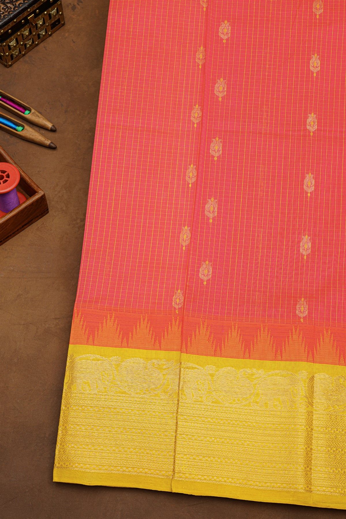 Kuppadam Sico Peach Pink Saree With Peacocks And Elephants Buttis Border