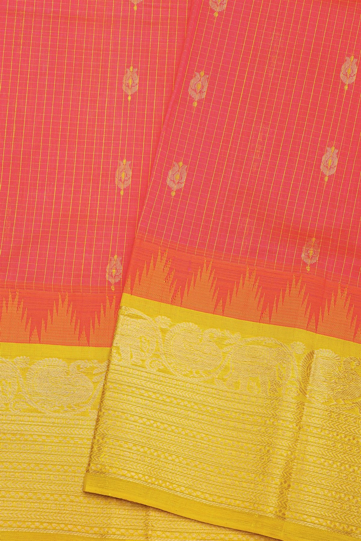 Kuppadam Sico Peach Pink Saree With Peacocks And Elephants Buttis Border
