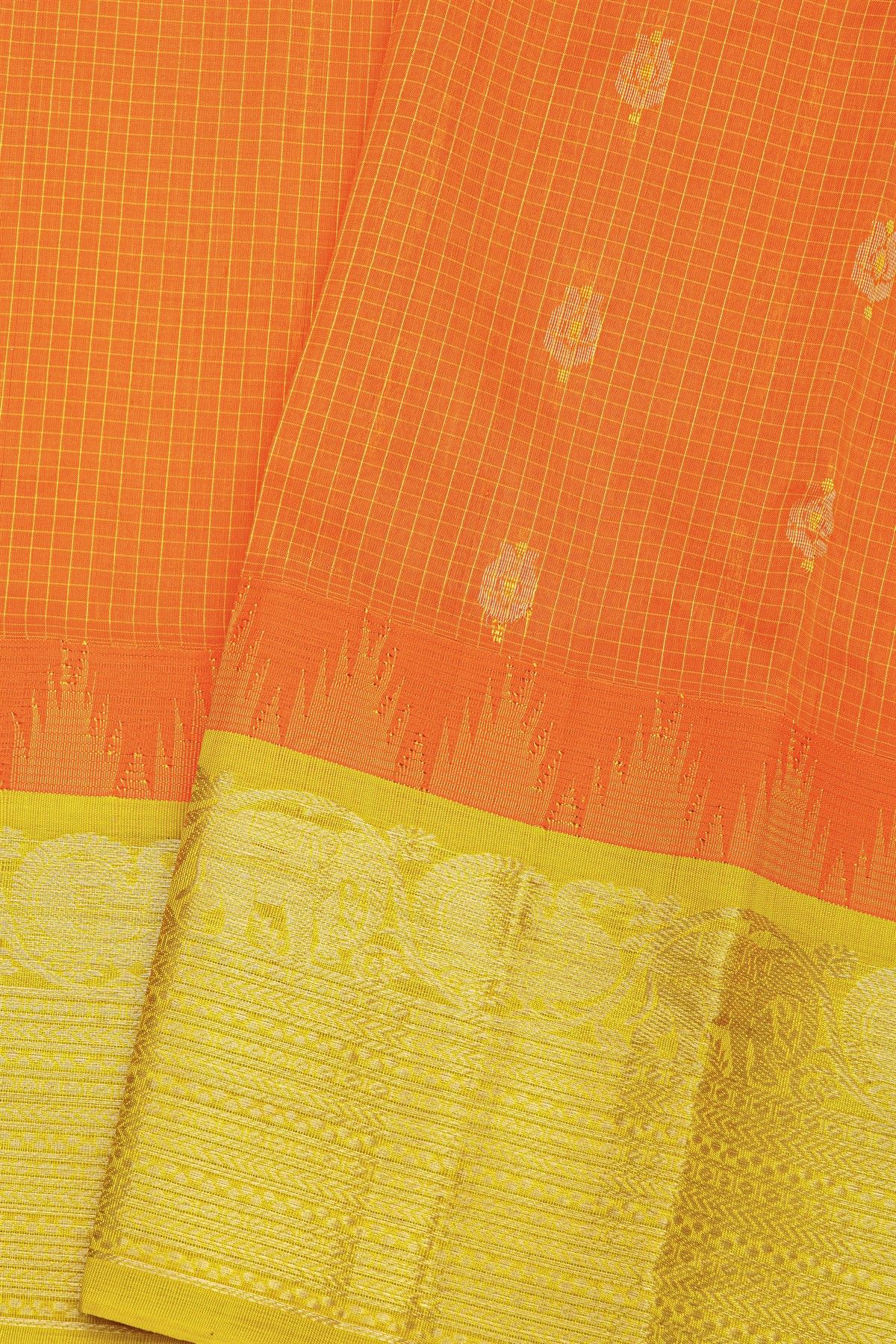 Kuppadam Sico Peach Orange Saree With Checks And Buttis Body