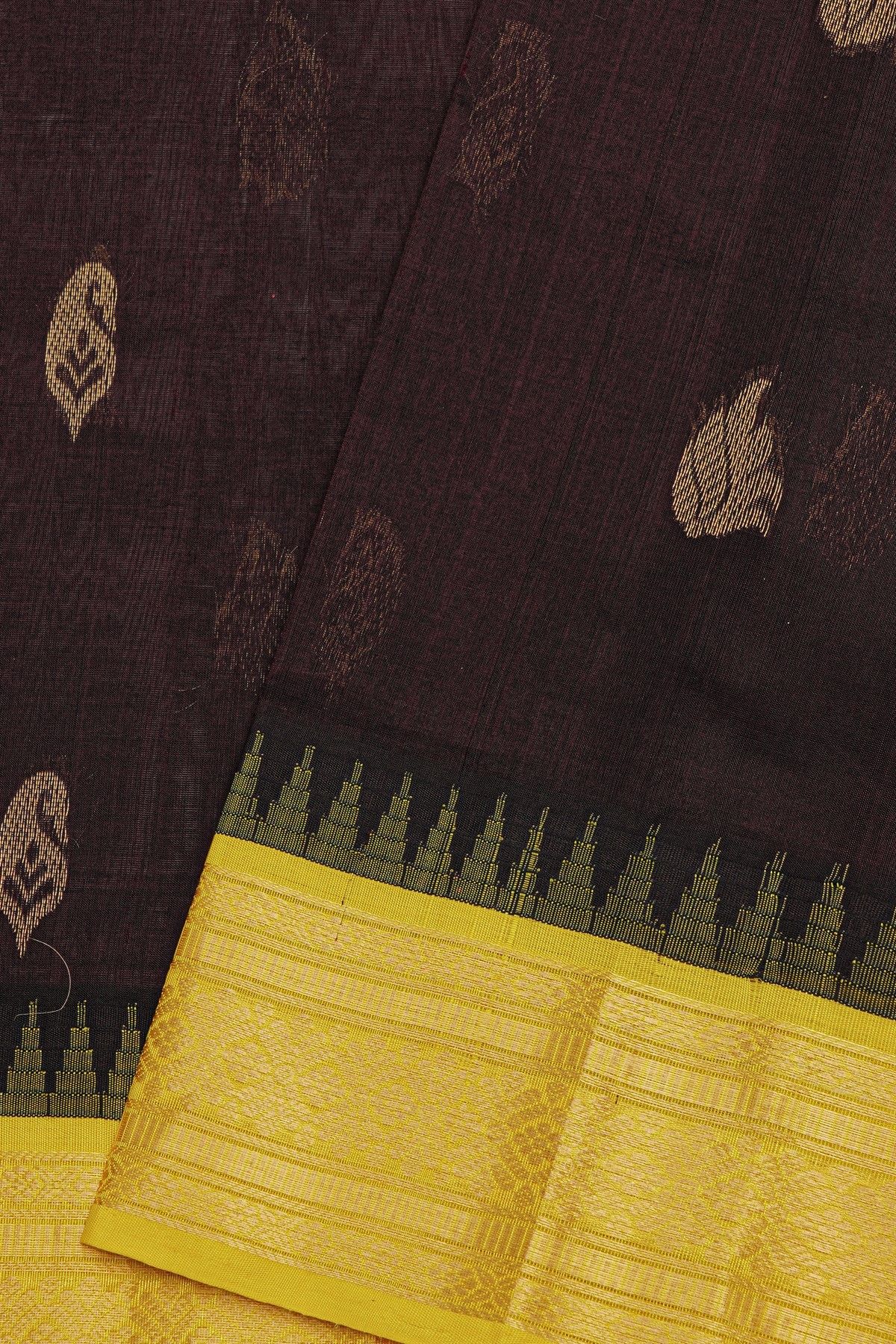 Kuppadam Sico Dark Brown Saree With Florals Leaves And Temple Border
