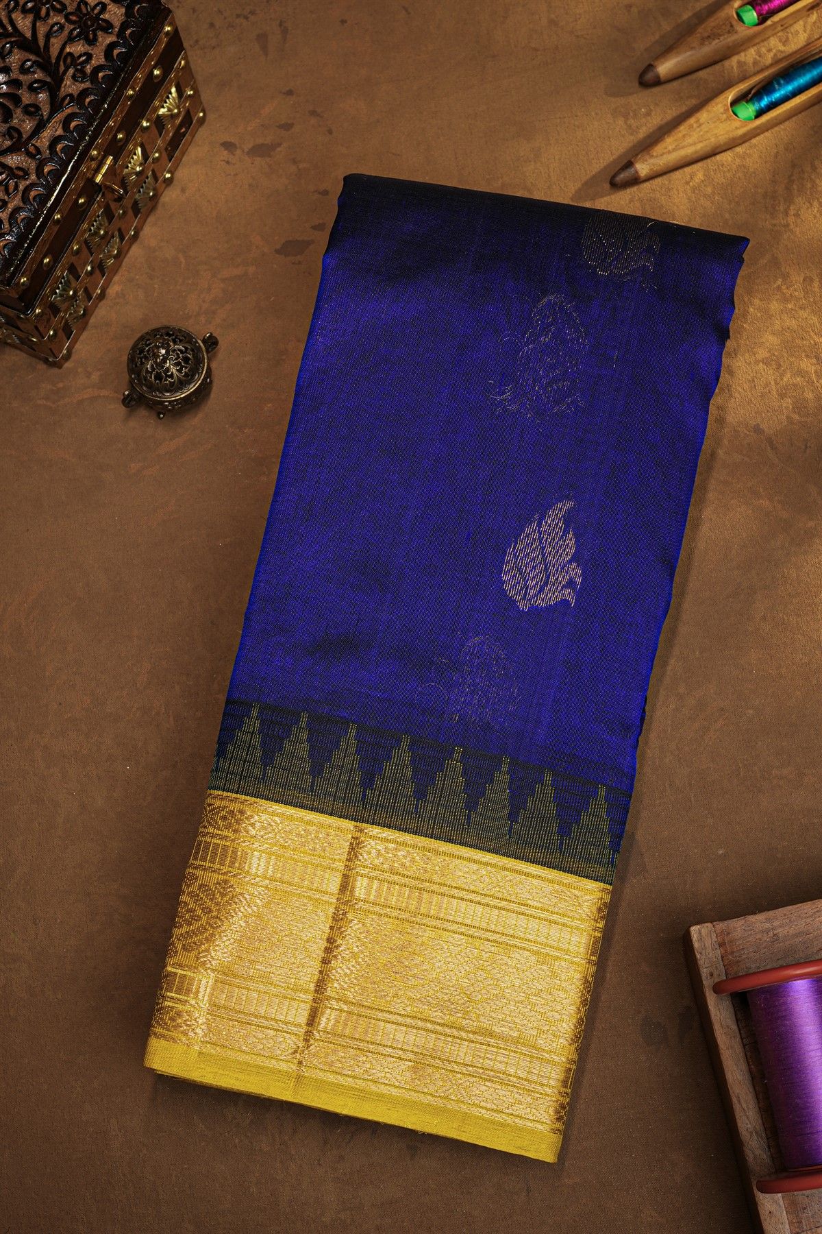 Kuppadam Sico Royal Blue Saree With Florals And Buttis Body