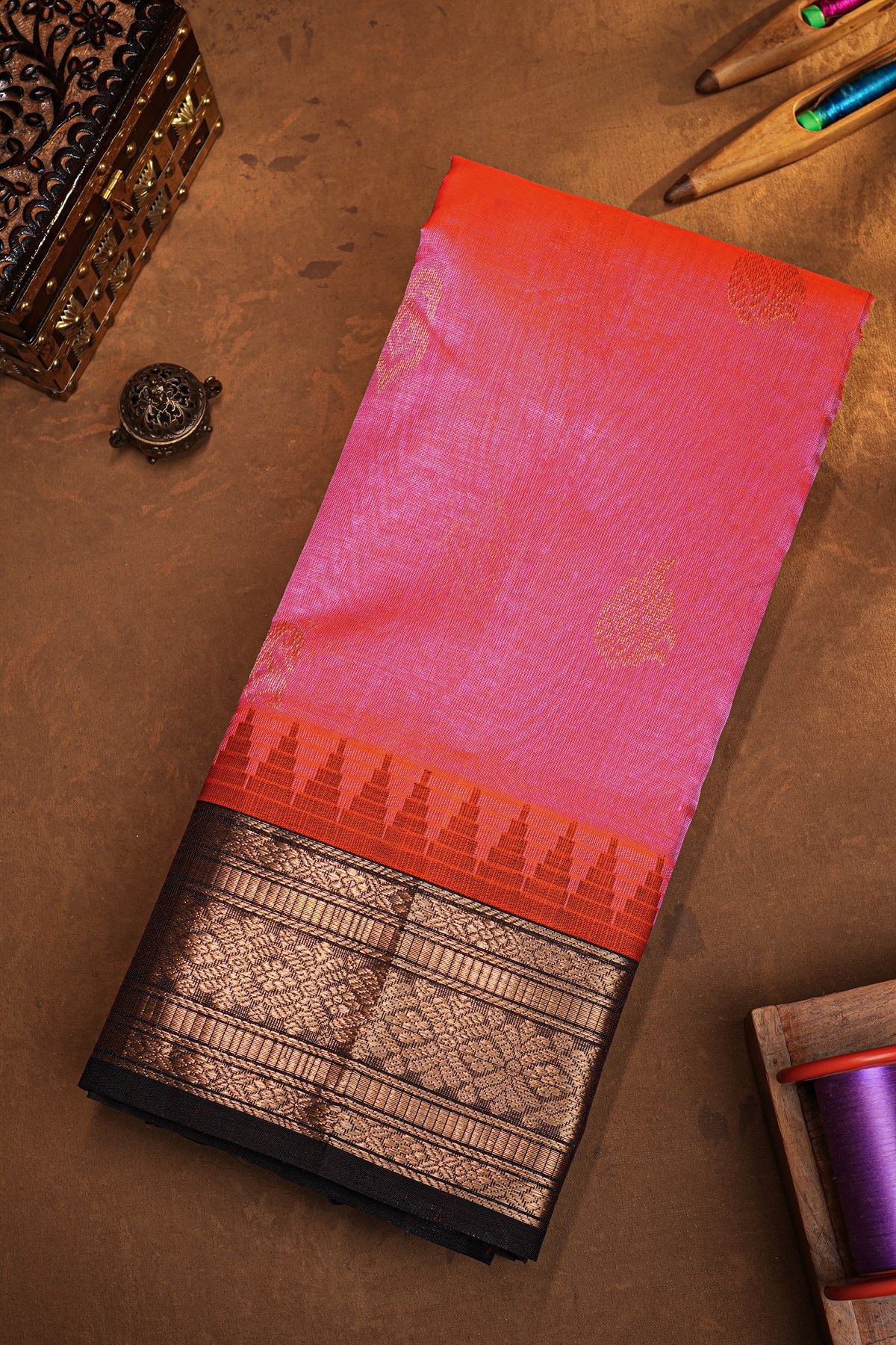Kuppadam Sico Pink Saree With Florals And Paisley Buttis Body