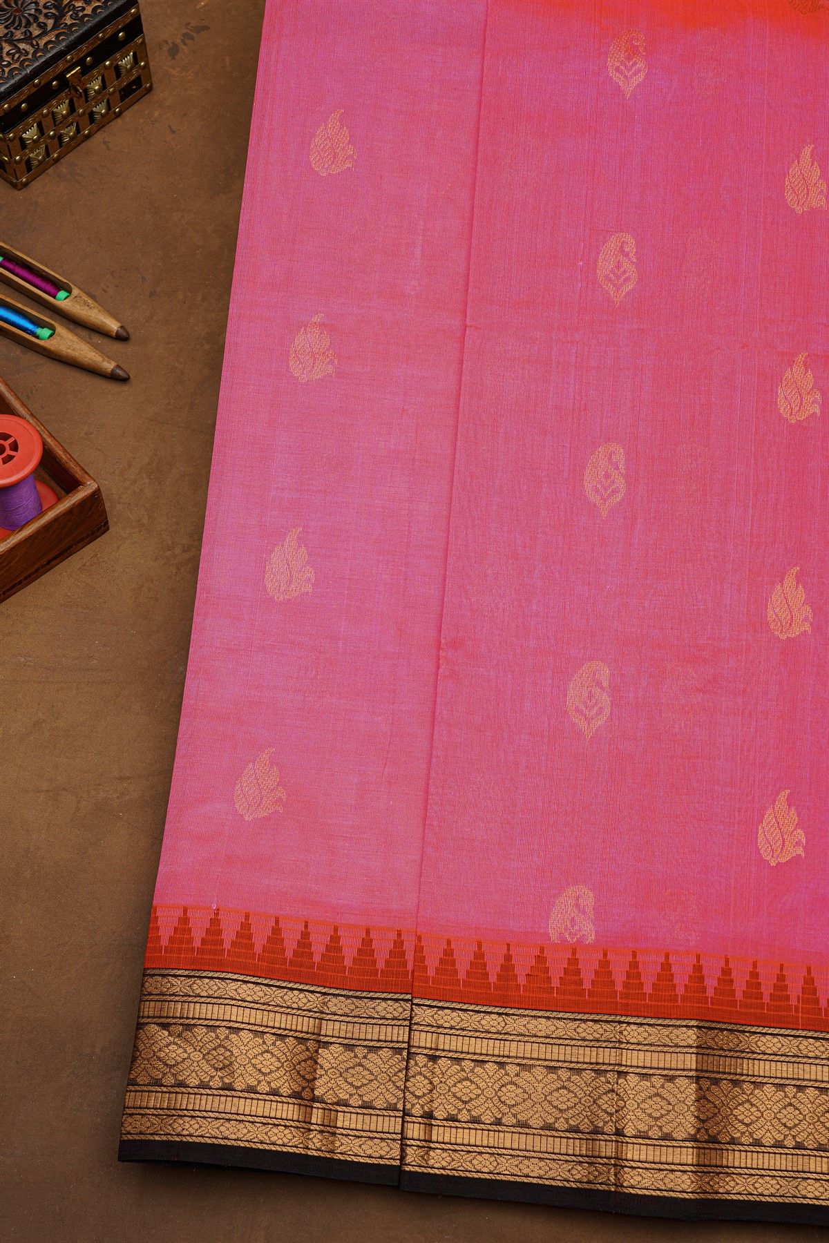 Kuppadam Sico Pink Saree With Florals And Paisley Buttis Body