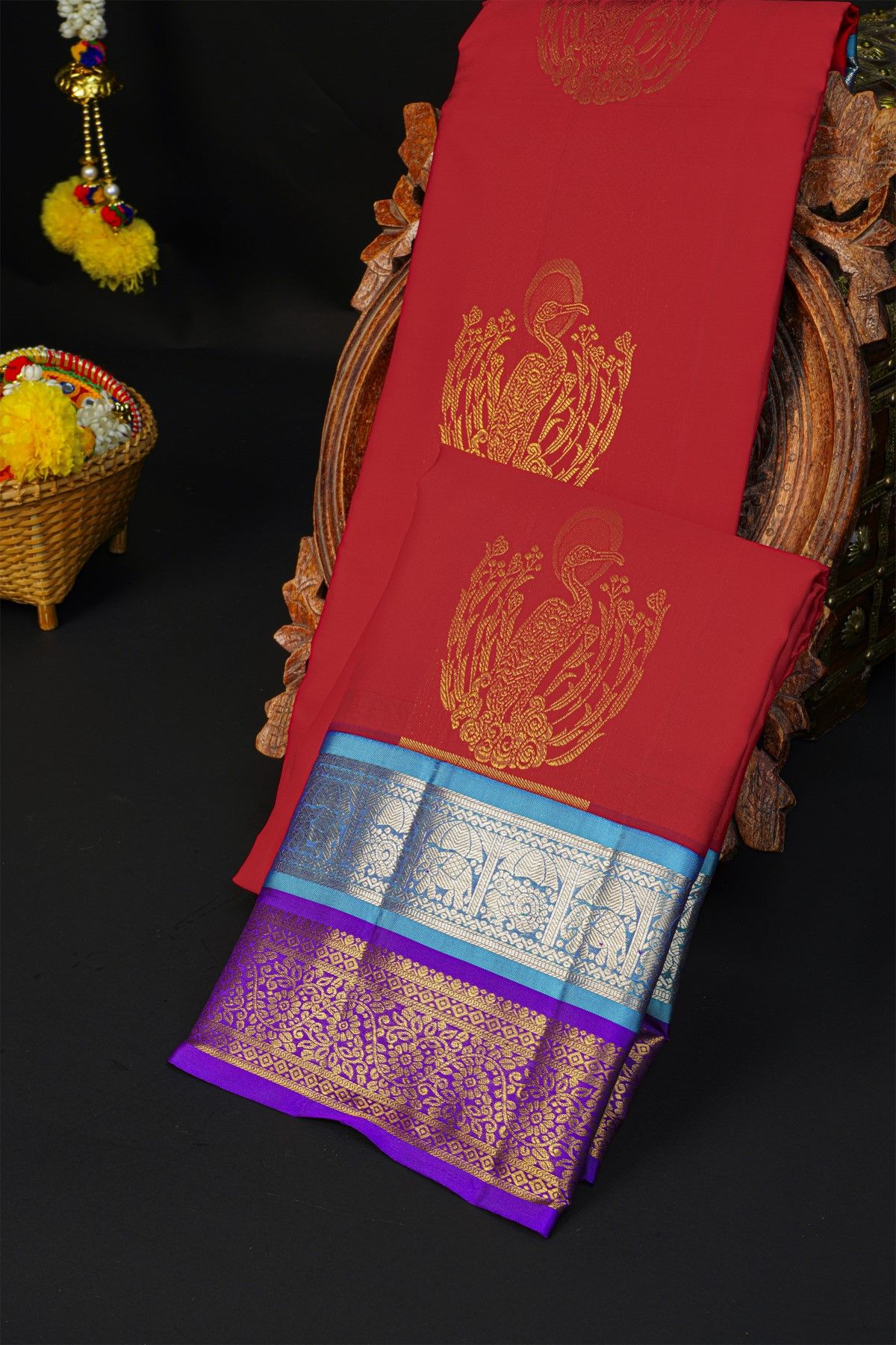 Kancheepuram Silk Red Saree With Florals And Swans Body And Double Colour Border