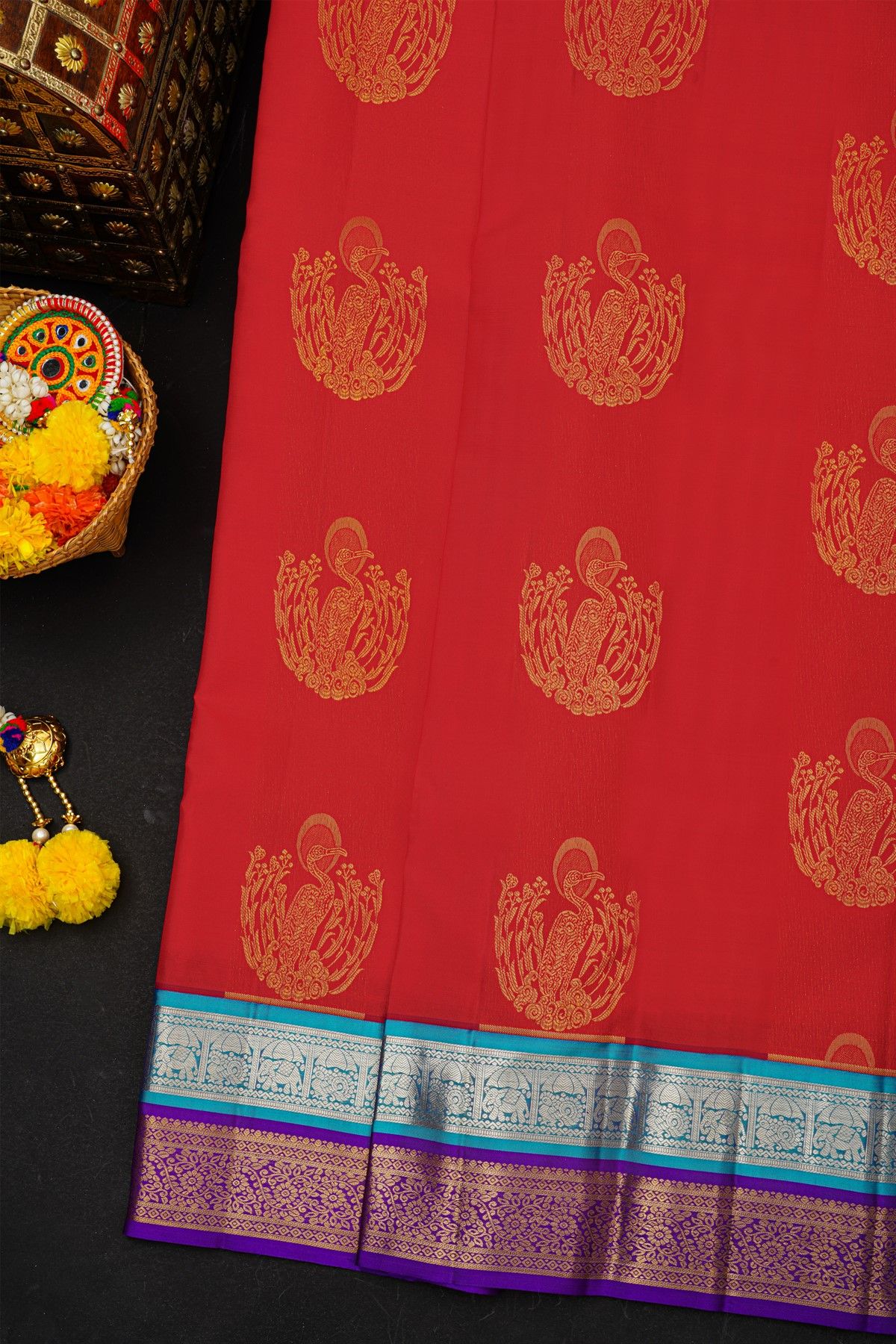 Kancheepuram Silk Red Saree With Florals And Swans Body And Double Colour Border