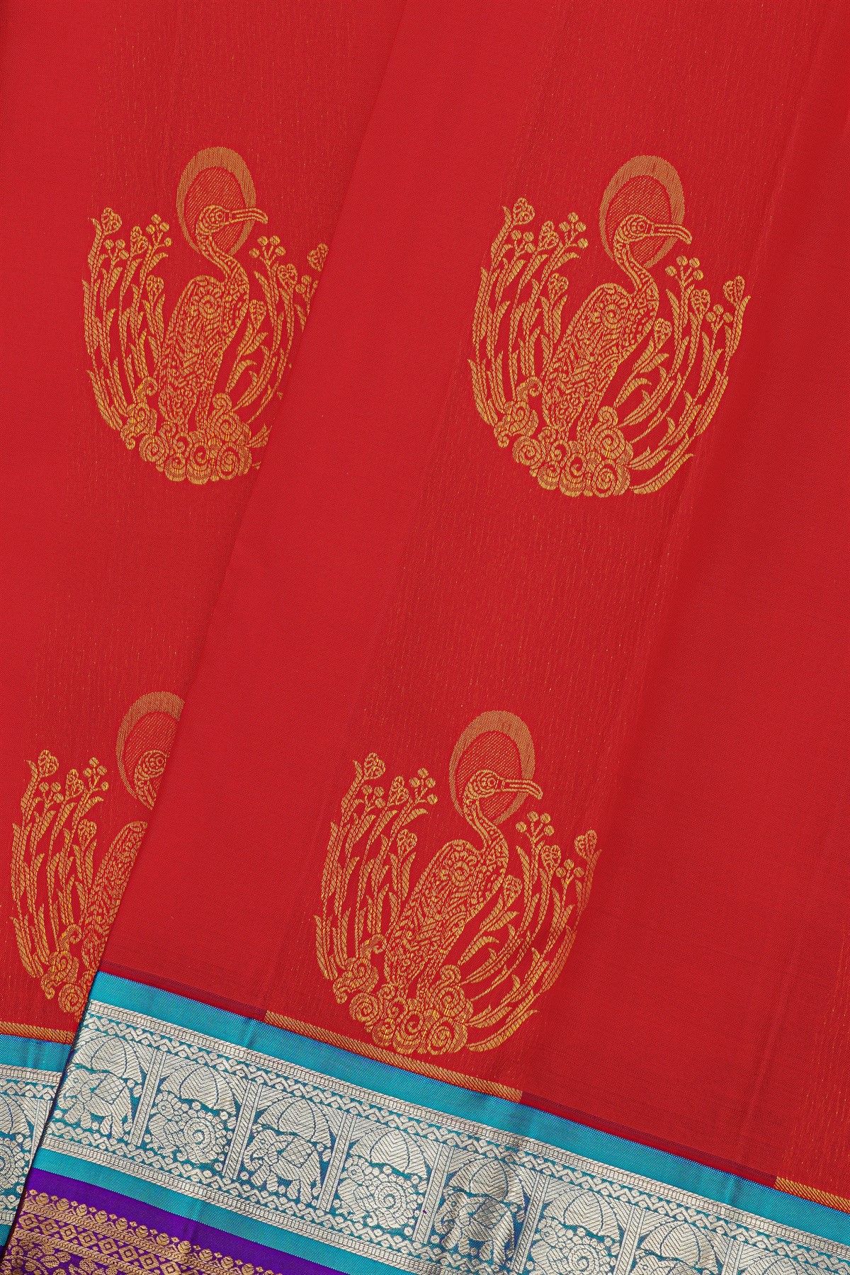 Kancheepuram Silk Red Saree With Florals And Swans Body And Double Colour Border