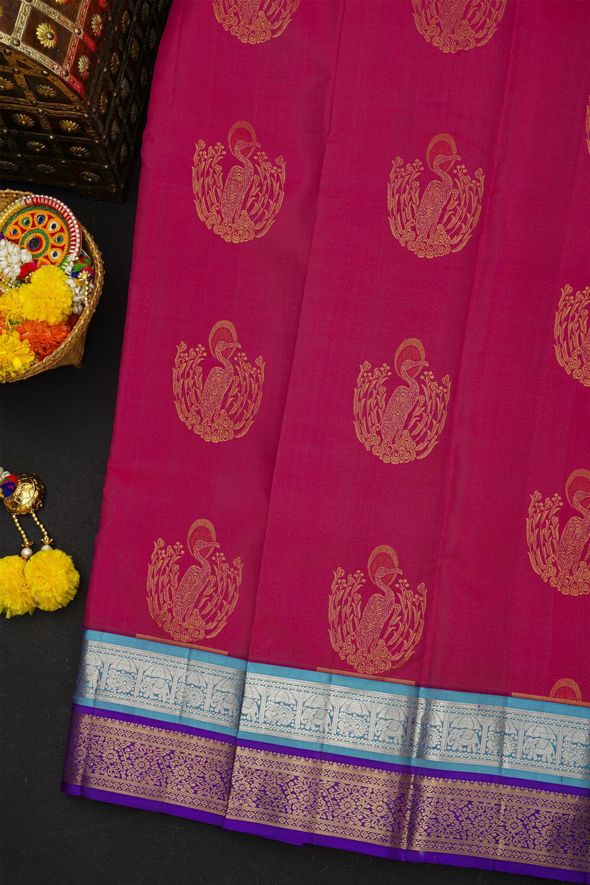 Kancheepuram Silk Rani Pink Saree With Florals And Animals Border
