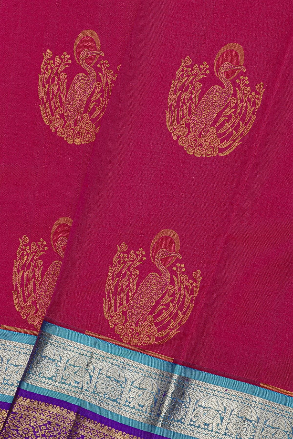 Kancheepuram Silk Rani Pink Saree With Florals And Animals Border