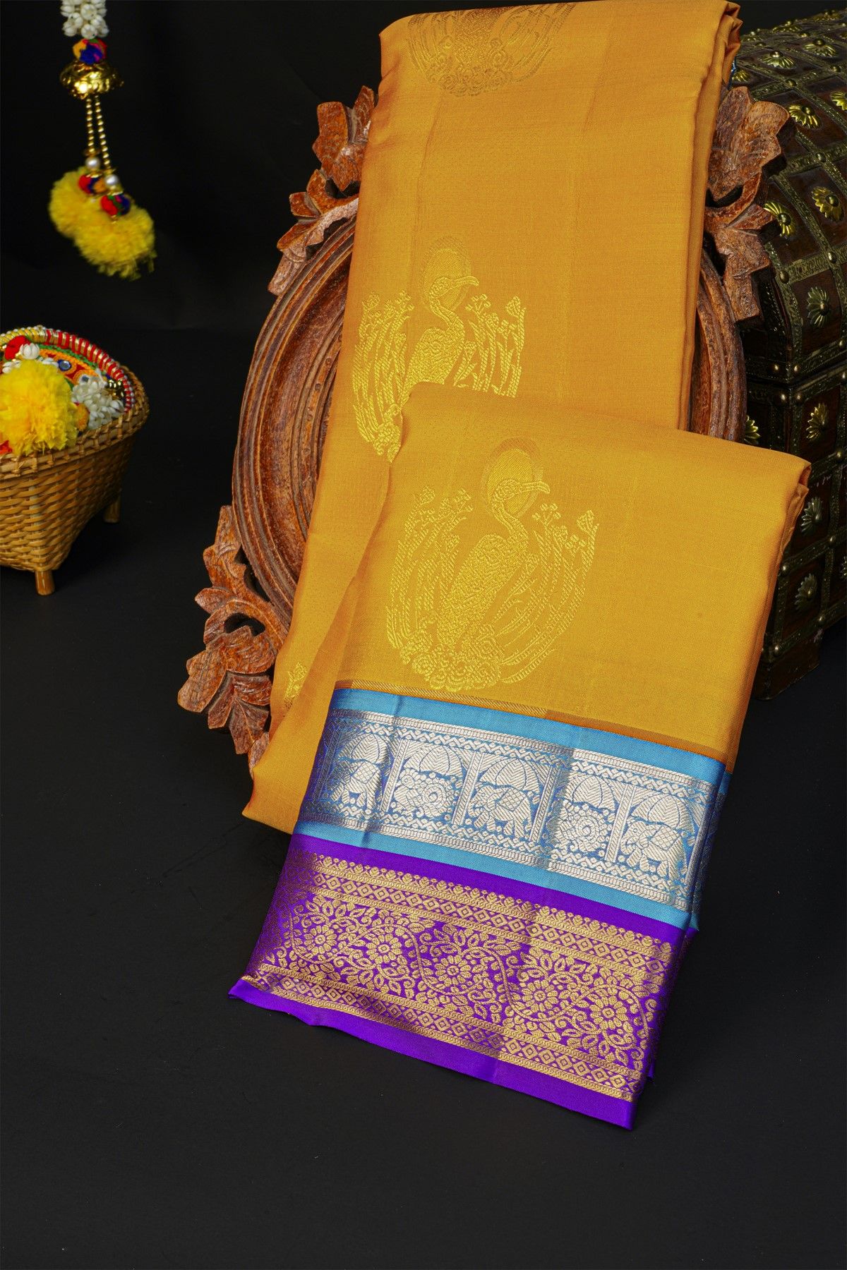 Kancheepuram Silk Mustard Saree With Florals And Cranes Body