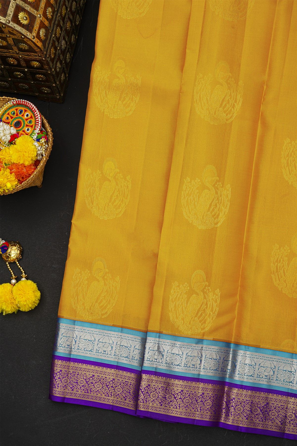 Kancheepuram Silk Mustard Saree With Florals And Cranes Body