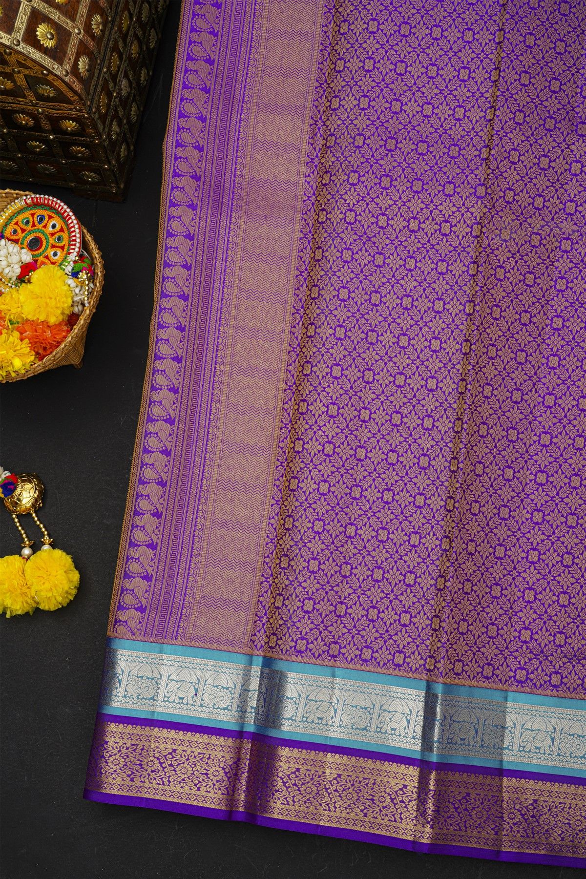 Kancheepuram Silk Mustard Saree With Florals And Cranes Body